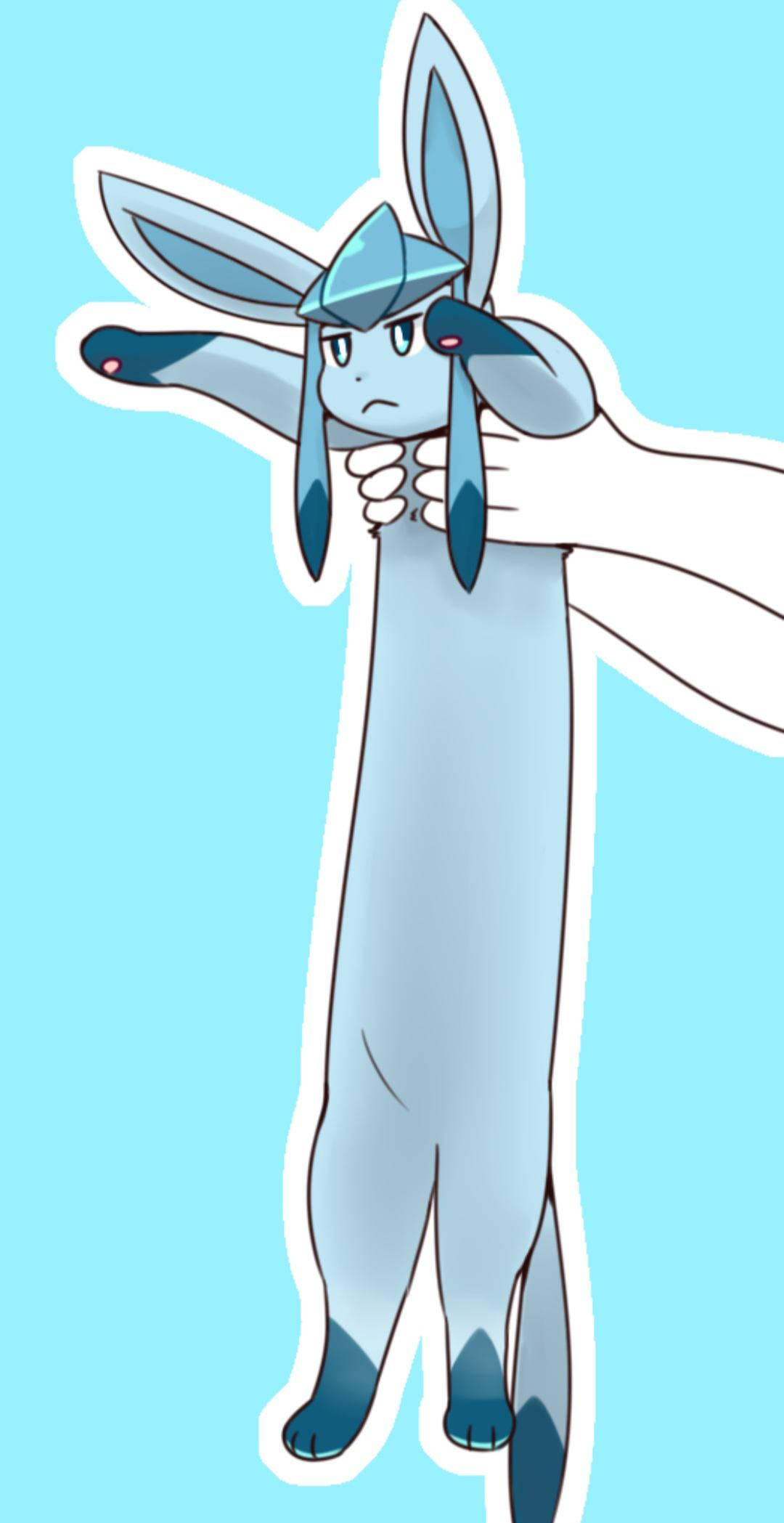 Glaceon 桌布 壁紙 — 一隻藍色動漫風格的寶可夢，有長耳朵和水晶頭飾，被兩隻手抱著，背景是淺藍色。