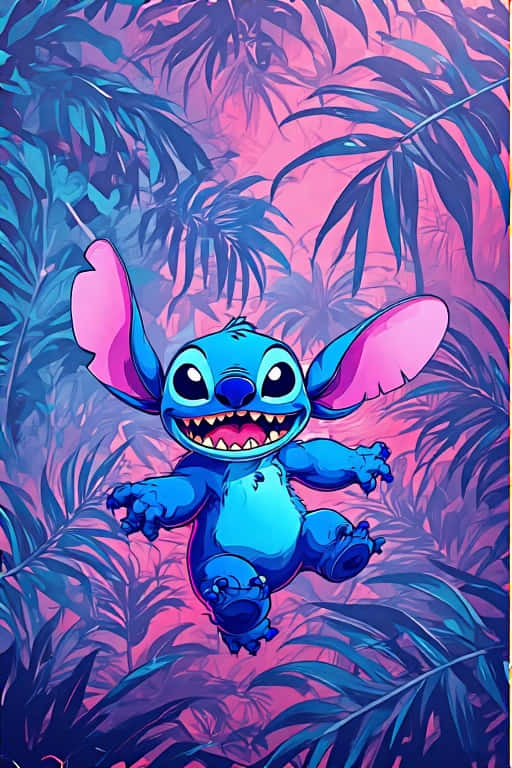 Stitch’s Tropical 3D Pop 壁紙 — 一隻藍色卡通外星人，有粉紅色耳朵，快樂地跳過充滿活力的紫色和藍色熱帶植物。