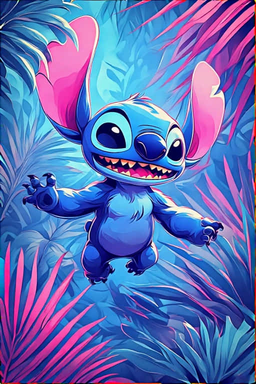 Stitch’s Tropical 3D Pop 壁紙 — 一隻藍色卡通外星人，長著粉紅色耳朵，快樂地跳過充滿活力的霓虹粉紅和藍色熱帶植物。