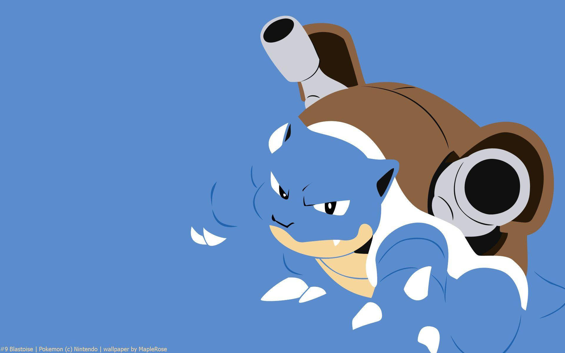 Blastoise 桌布 壁紙 — 一隻藍色卡通寶可夢，帶有白色斑紋和背上的棕色炮彈殼，在純藍色背景上向前衝刺。