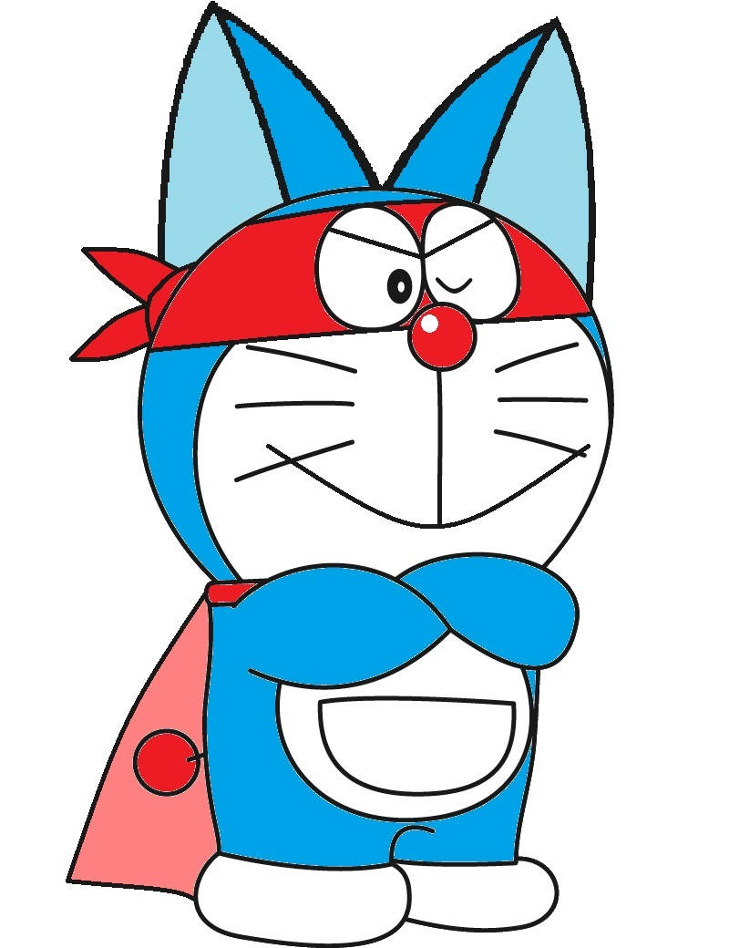 doraemon 4K 桌布 壁紙 — 一隻藍色卡通機器貓，戴著紅色頭巾和披風，自信地站著，表情堅定。