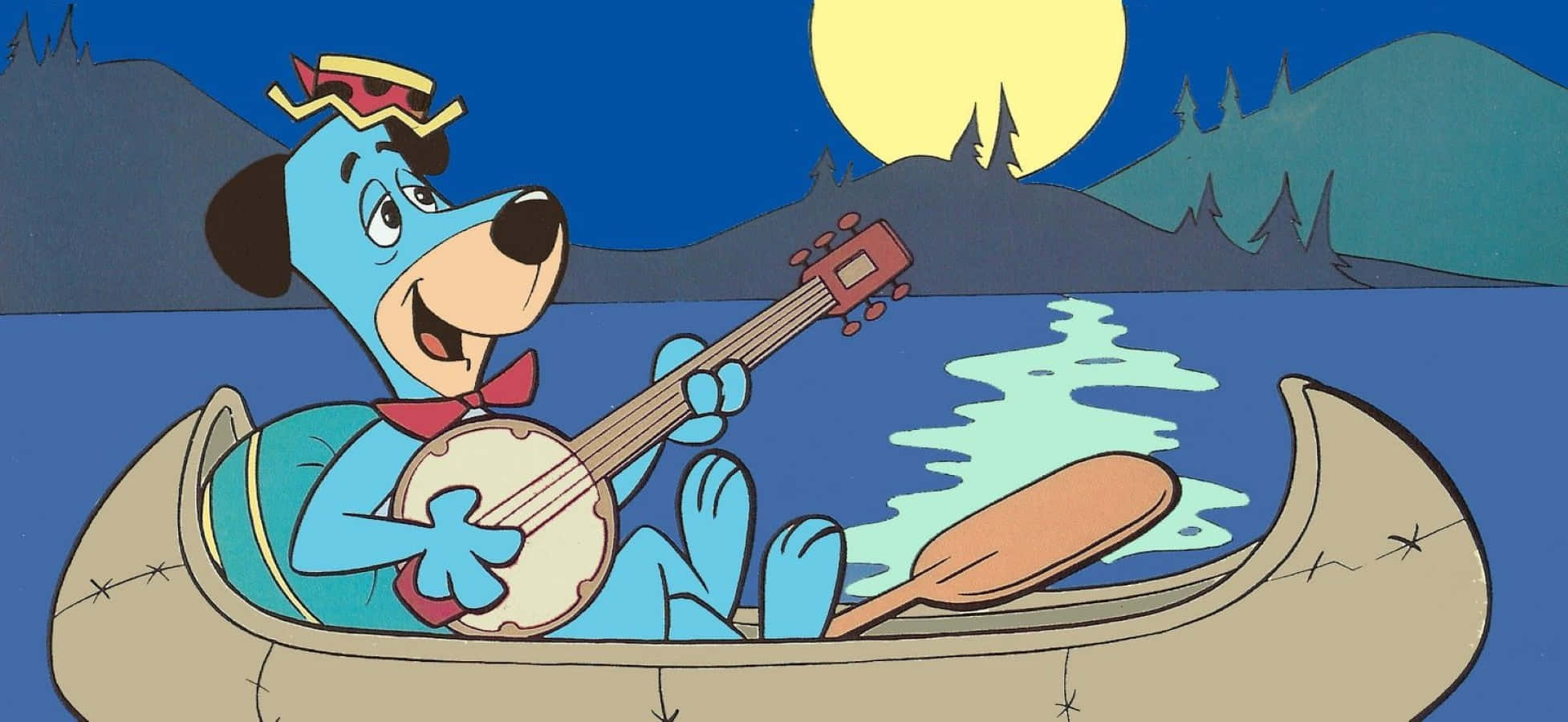 Vintage Cartoon Aesthetic 桌布 壁紙 — 一隻藍色卡通狗在獨木舟上，在滿月下彈奏班卓琴，背景是樹木繁茂的山丘。