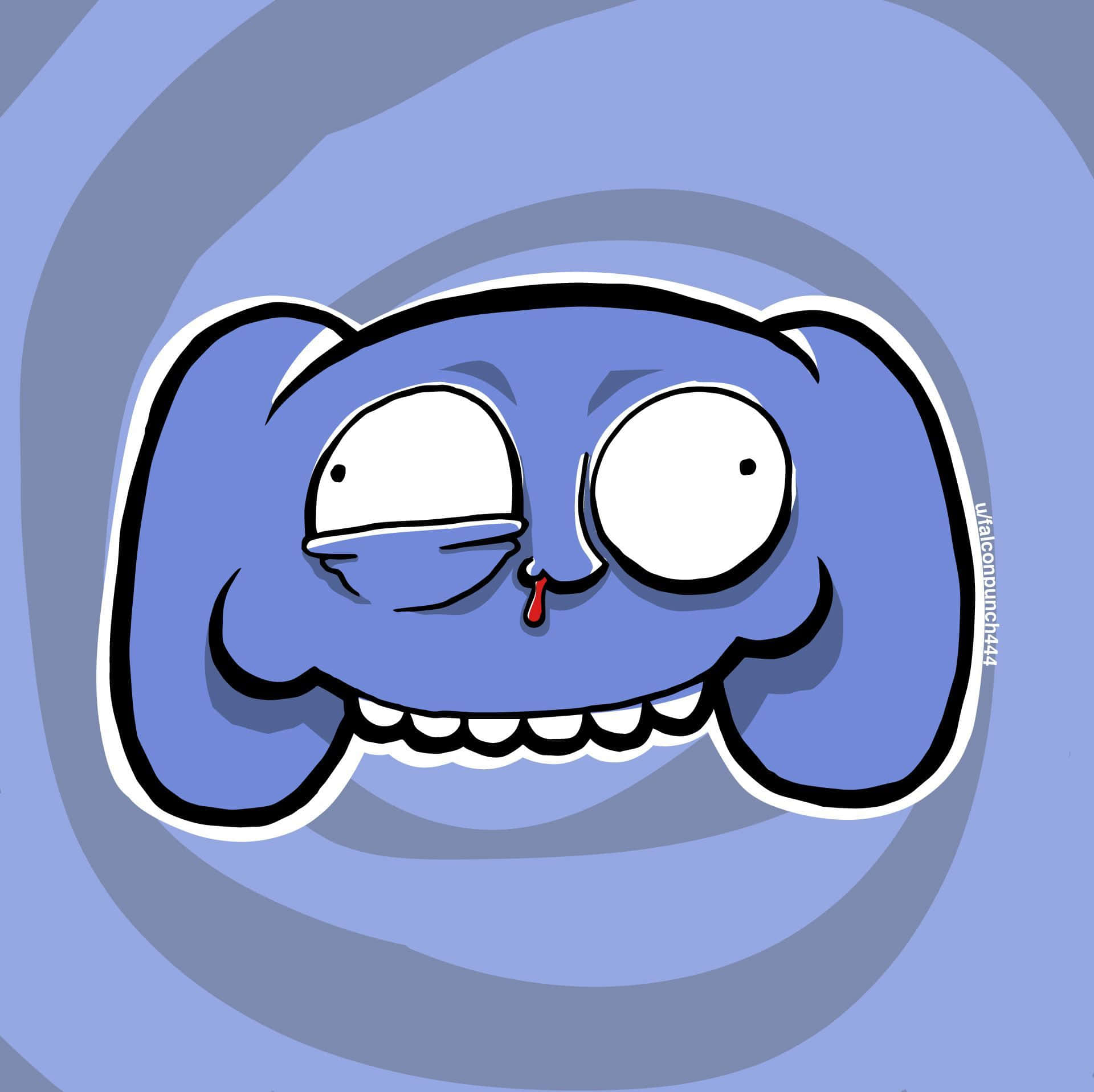 Discord Logo 桌布 壁紙 — 一隻藍色卡通生物，睜大眼睛，流著口水咧嘴笑，從旋轉的藍色背景中凝視著。