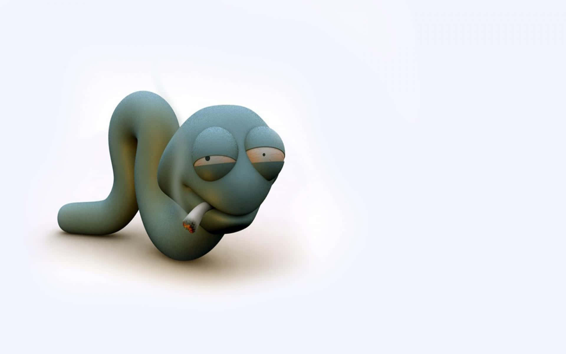 worm 桌布 壁紙 — 一隻藍色卡通蟲子帶著疲憊的眼睛在純白色背景上抽煙。