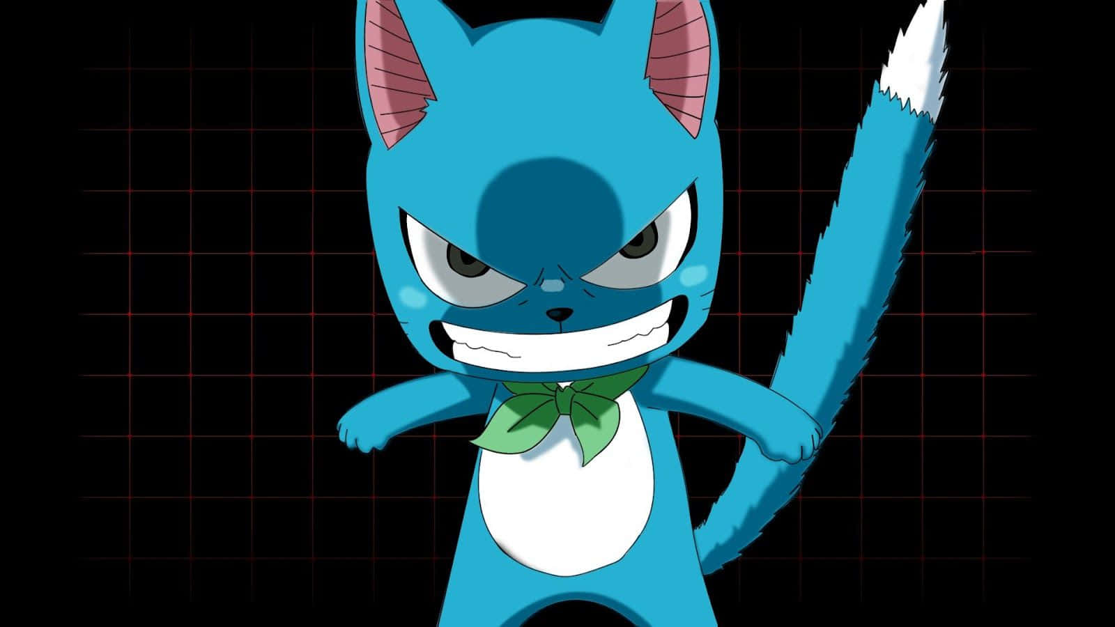 Fairy Tail Happy 桌布 壁紙 — 一隻藍色卡通貓，有粉紅色內耳和綠色蝴蝶結，在黑色網格背景上兇狠地咧嘴笑。