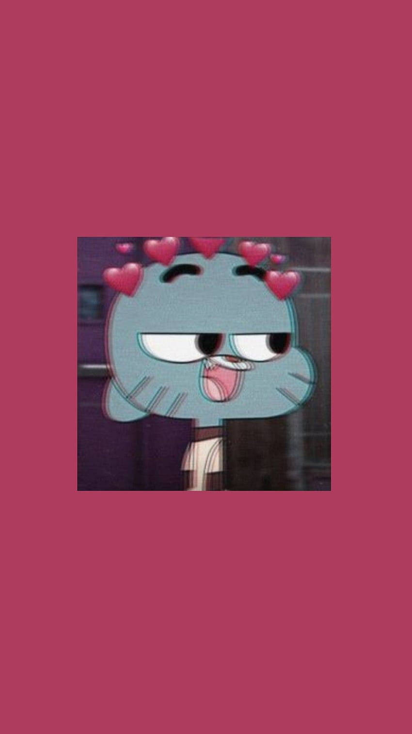 Gumball Aesthetic 桌布 壁紙 — 一隻藍色卡通貓，頭頂有愛心漂浮，伸出舌頭，表情俏皮。