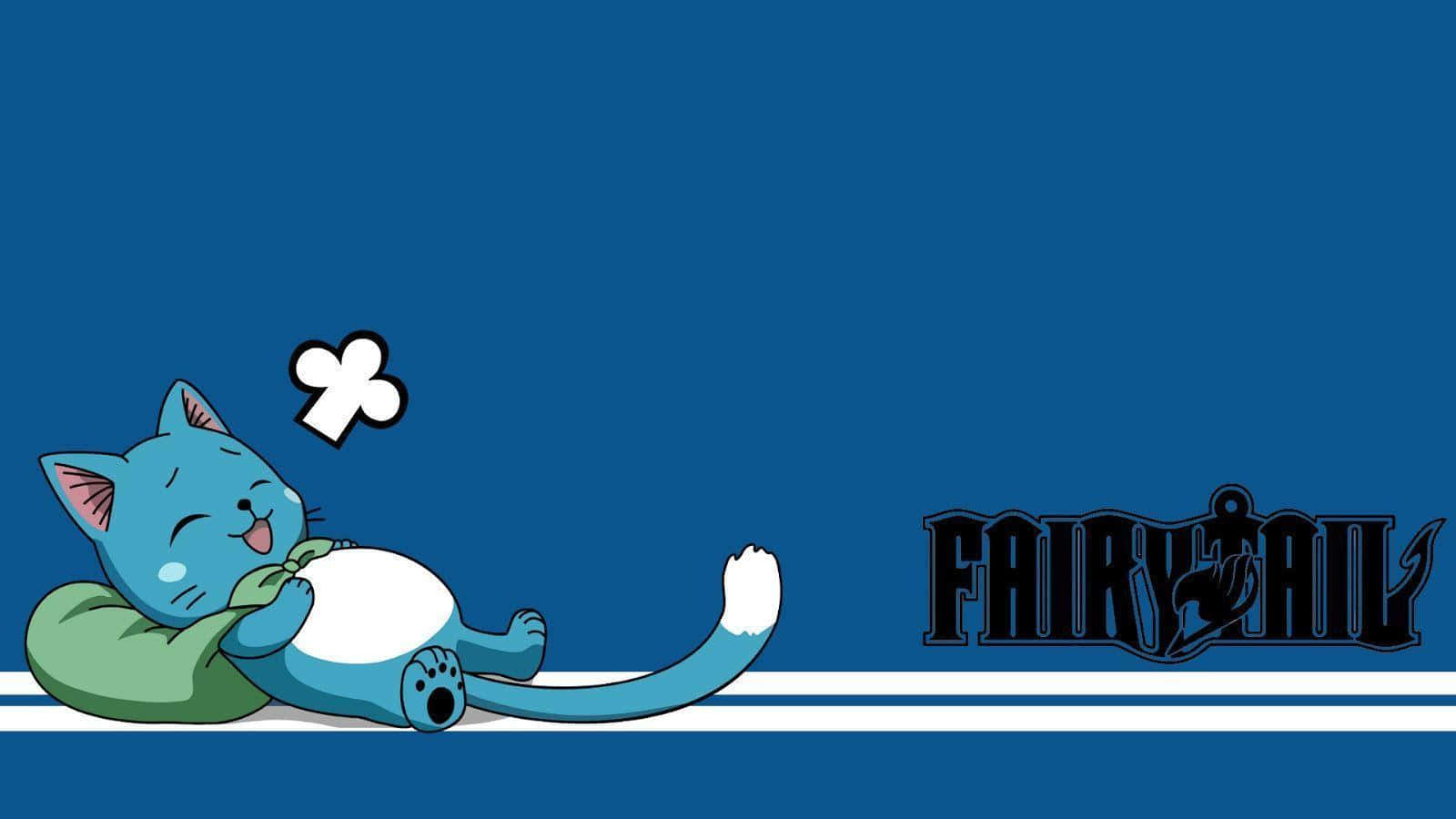 Fairy Tail Happy 桌布 壁紙 — 一隻藍色卡通貓咪，白色肚皮，開心地躺在綠色枕頭上，背景是純藍色，帶有妖精的尾巴標誌。