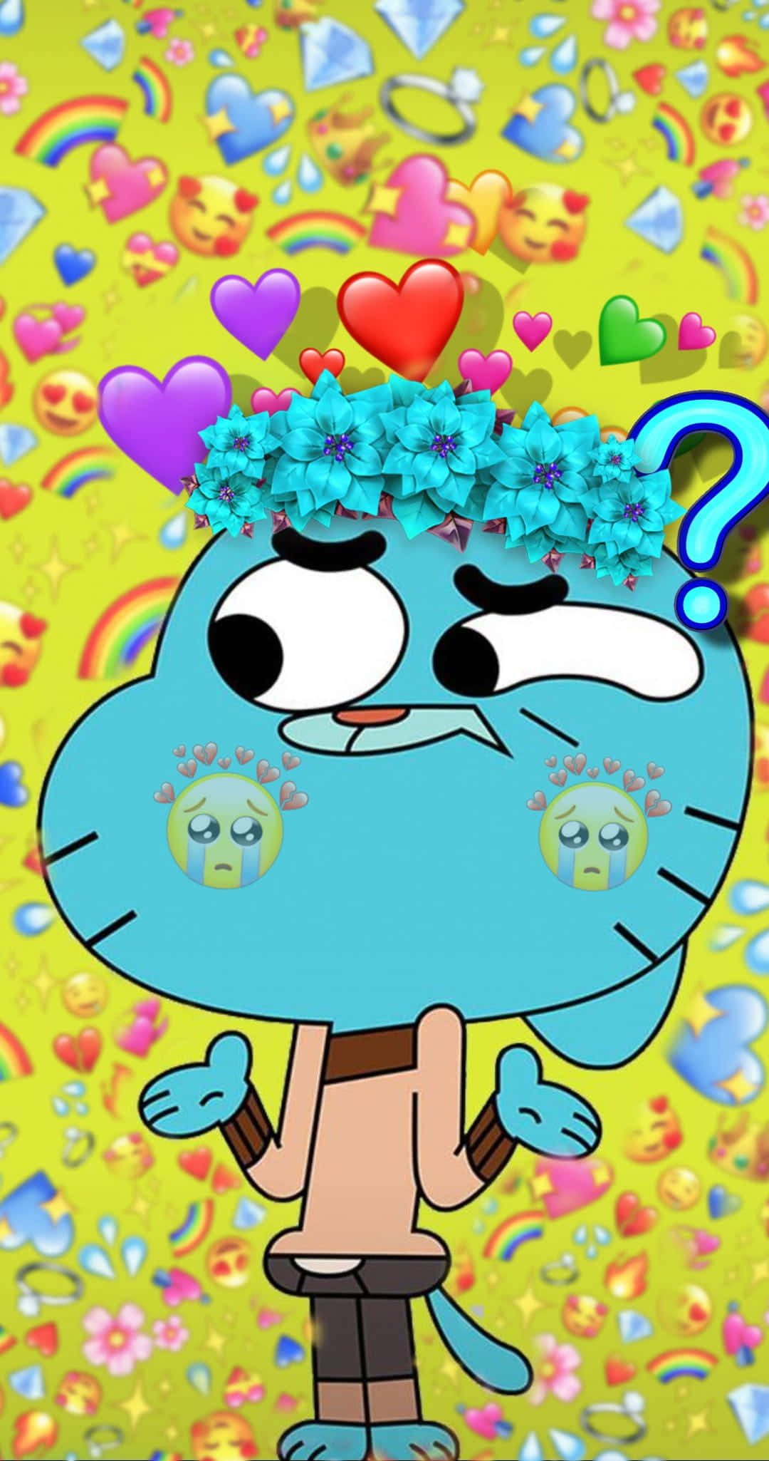 the amazing world of gumball 桌布 壁紙 — 一隻藍色卡通貓咪戴著花冠，淚眼汪汪，站在充滿愛心和表情符號的鮮黃色背景中。