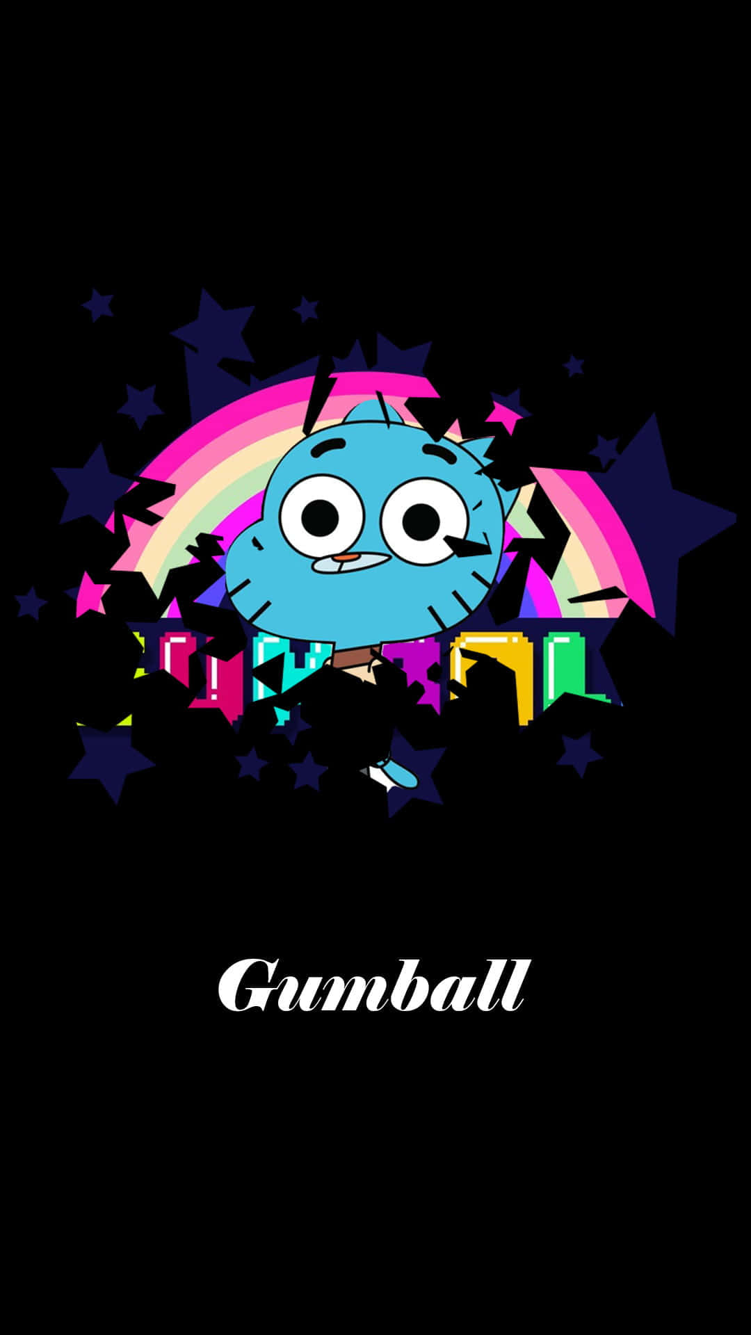 the amazing world of gumball 桌布 壁紙 — 一隻藍色卡通貓咪睜大眼睛，穿過破碎的彩虹和星星，在黑色背景上，下方有名字 Gumball。