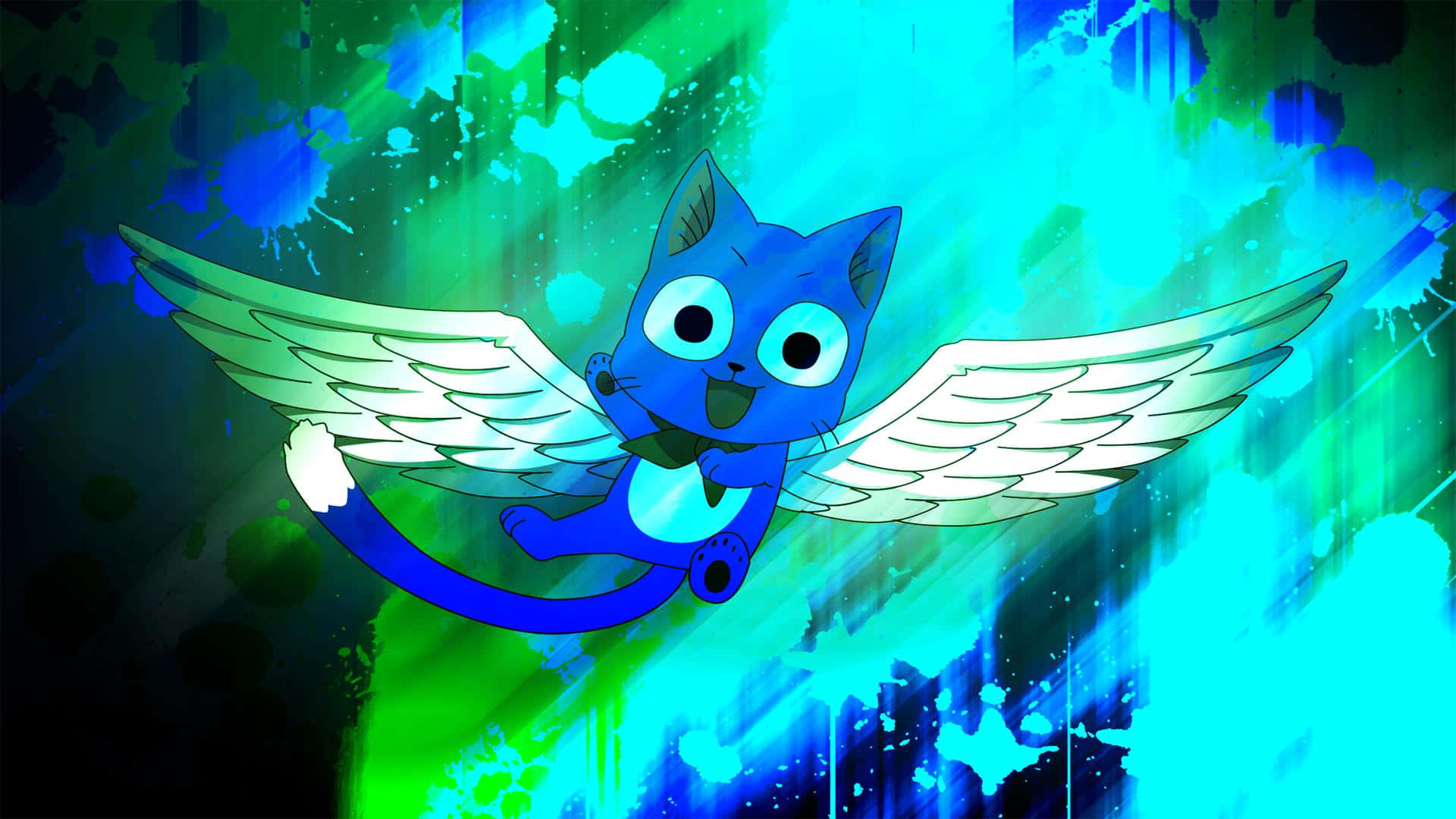Fairy Tail Happy 桌布 壁紙 — 一隻藍色卡通貓咪長著白色翅膀，在充滿活力的綠色和藍色油漆飛濺背景上快樂地翱翔。