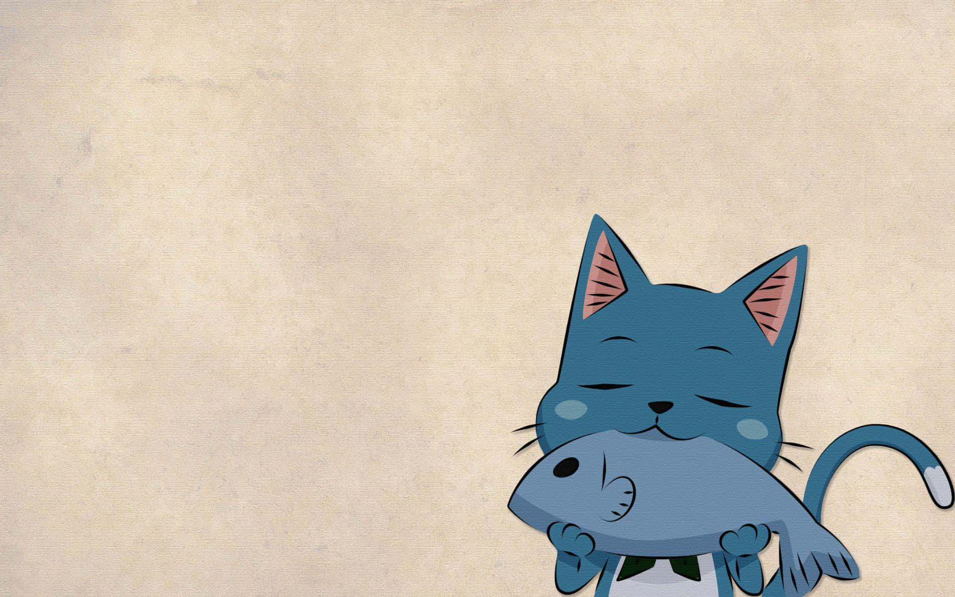 Fairy Tail Happy 桌布 壁紙 — 一隻藍色卡通貓閉著眼睛，快樂地拿著一條相配的藍色魚，背景是帶紋理的米色。