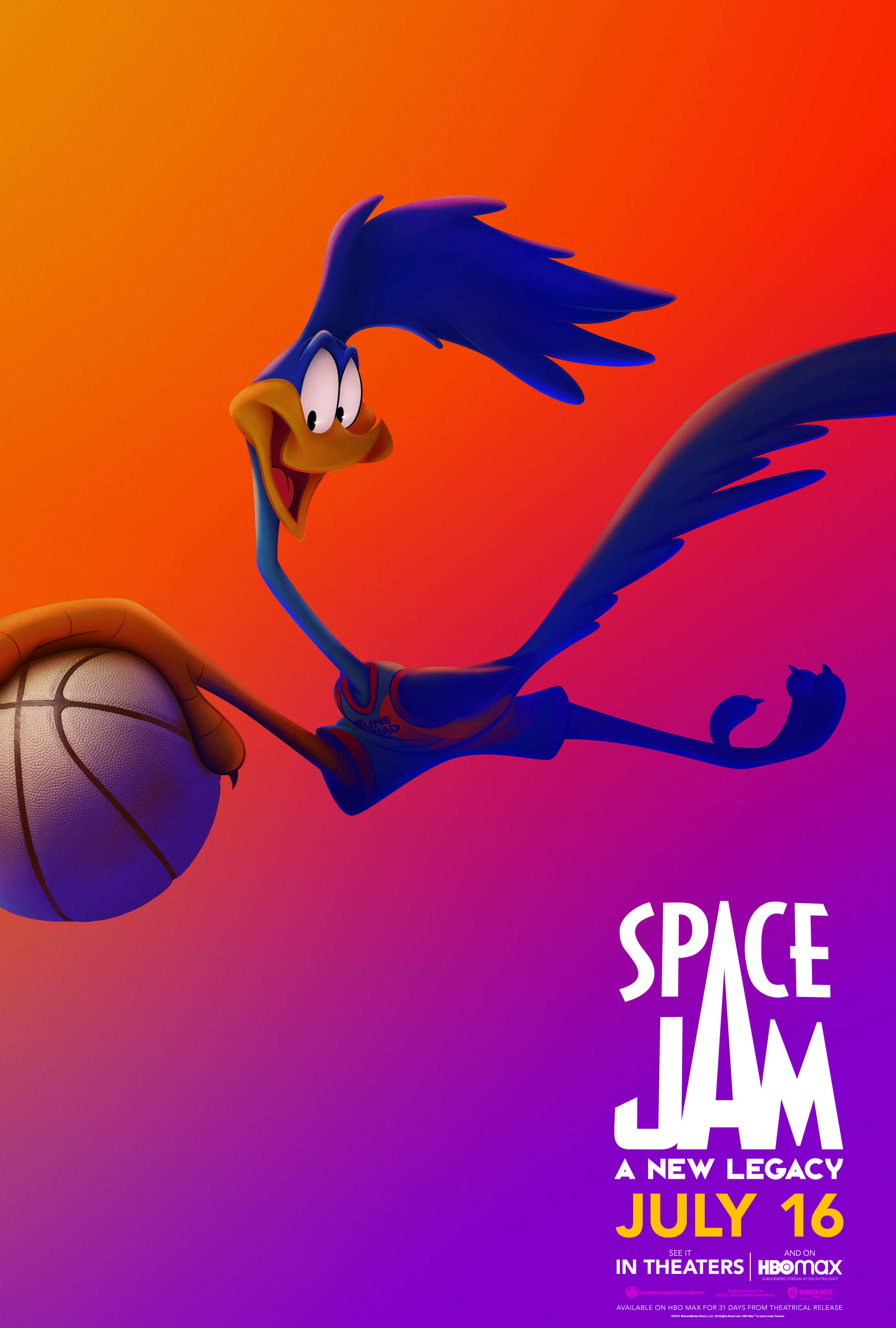 Space Jam A New Legacy 桌布 壁紙 — 一隻藍色卡通走鵑在充滿活力的橙色到紫色漸變背景上運籃球。