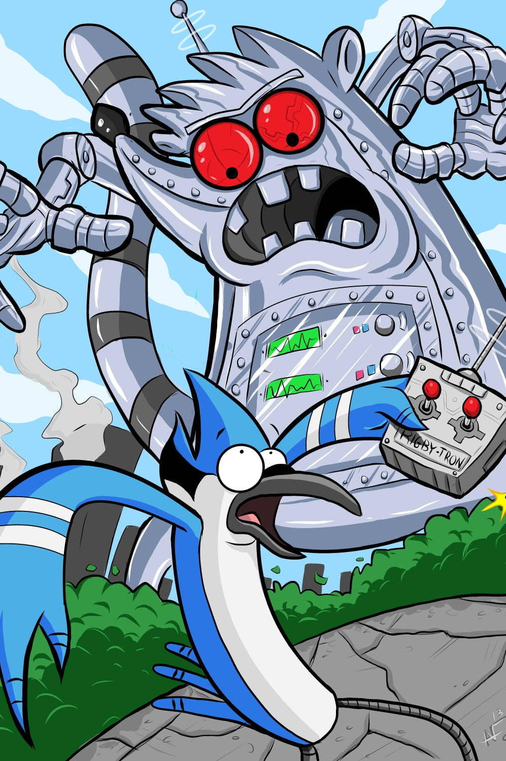 mordecai and rigby 桌布 壁紙 — 一隻藍色卡通鳥尖叫，而一個巨大憤怒的機器人，有著紅色眼睛和條紋手臂，籠罩著它。