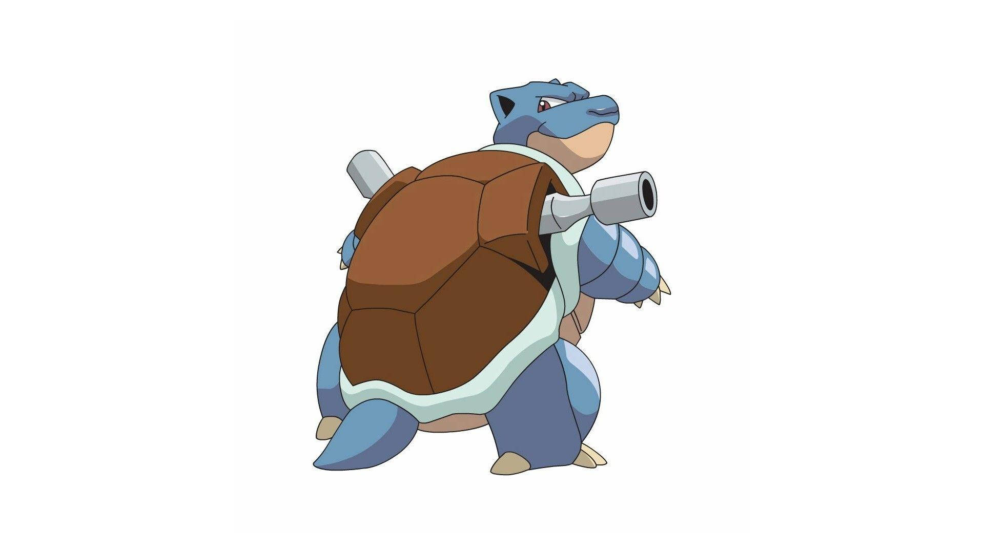 Blastoise 桌布 壁紙 — 一隻藍色和棕色的動畫烏龜寶可夢，背上有大砲，自信地站在純白色背景前。