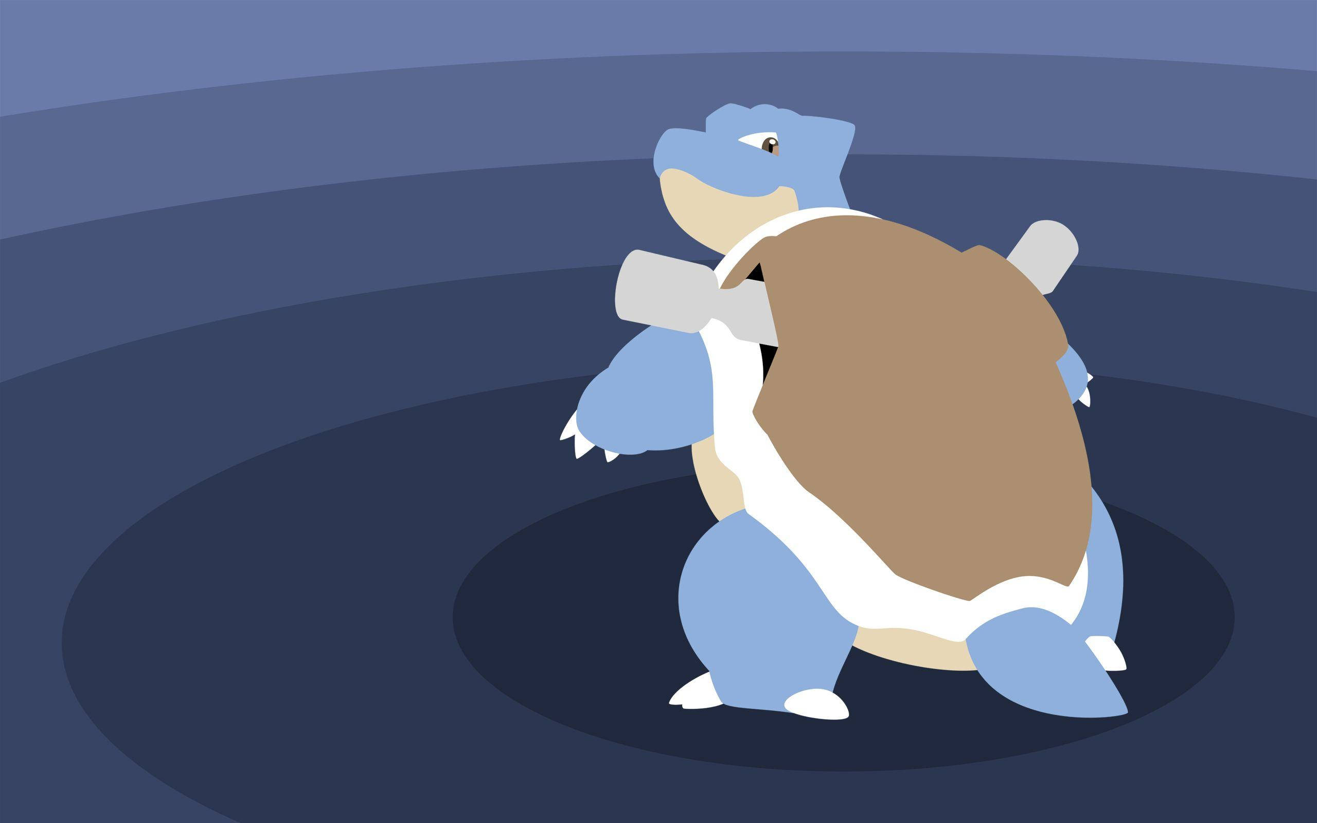 Blastoise 桌布 壁紙 — 一隻藍色和棕色的卡通烏龜站在一個黑暗的圓形競技場中，背後有同心藍色環。