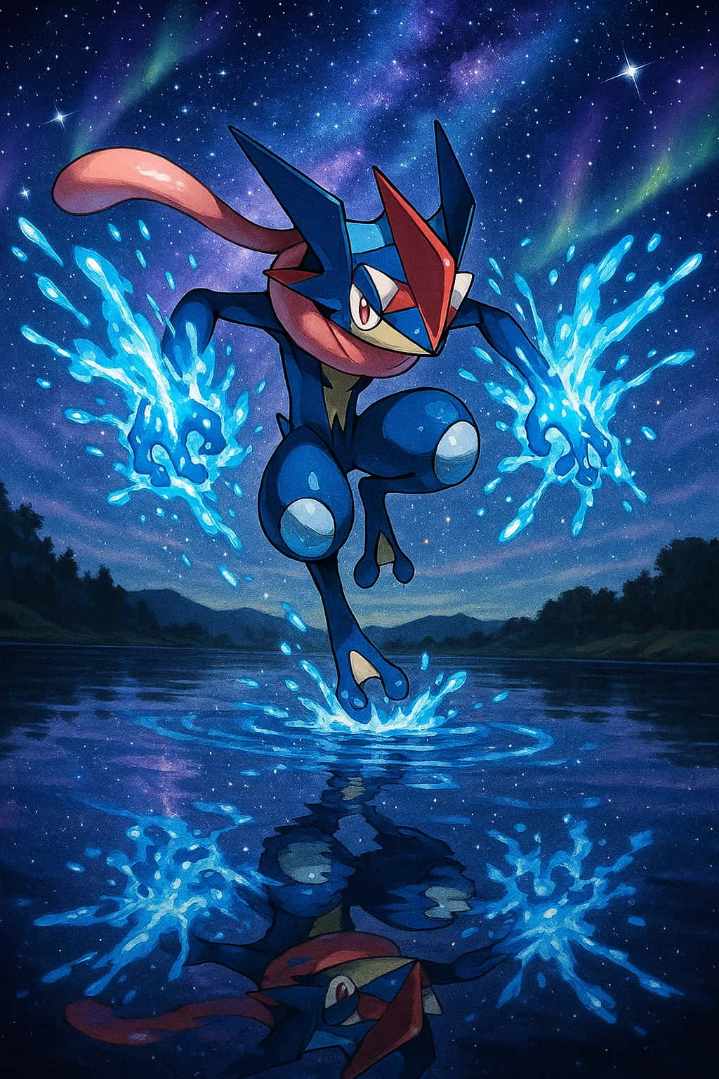 Greninja Wallpaper Pokemon WEBP 4K Download HD 壁紙 — 一隻藍色和紅色的寶可夢在星空和極光下從水中躍起，同時發射水炮。