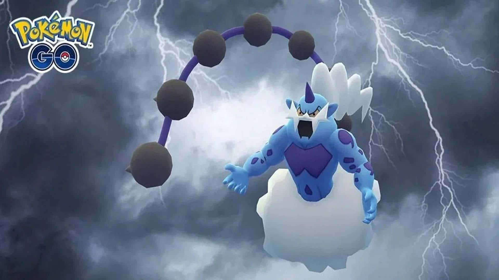 桌布 壁紙 — 一隻藍色和紫色的雷電寶可夢，戴著尖刺項圈，在暴風雲和閃電中盤旋。