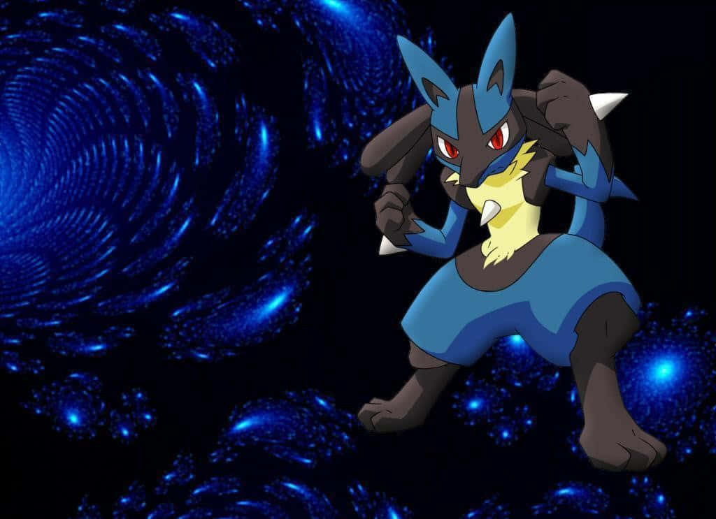 Pokemon Lucario 桌布 壁紙 — 一隻藍色和黑色的寶可夢，有著紅色眼睛，動態地站在旋轉的宇宙藍色背景前。