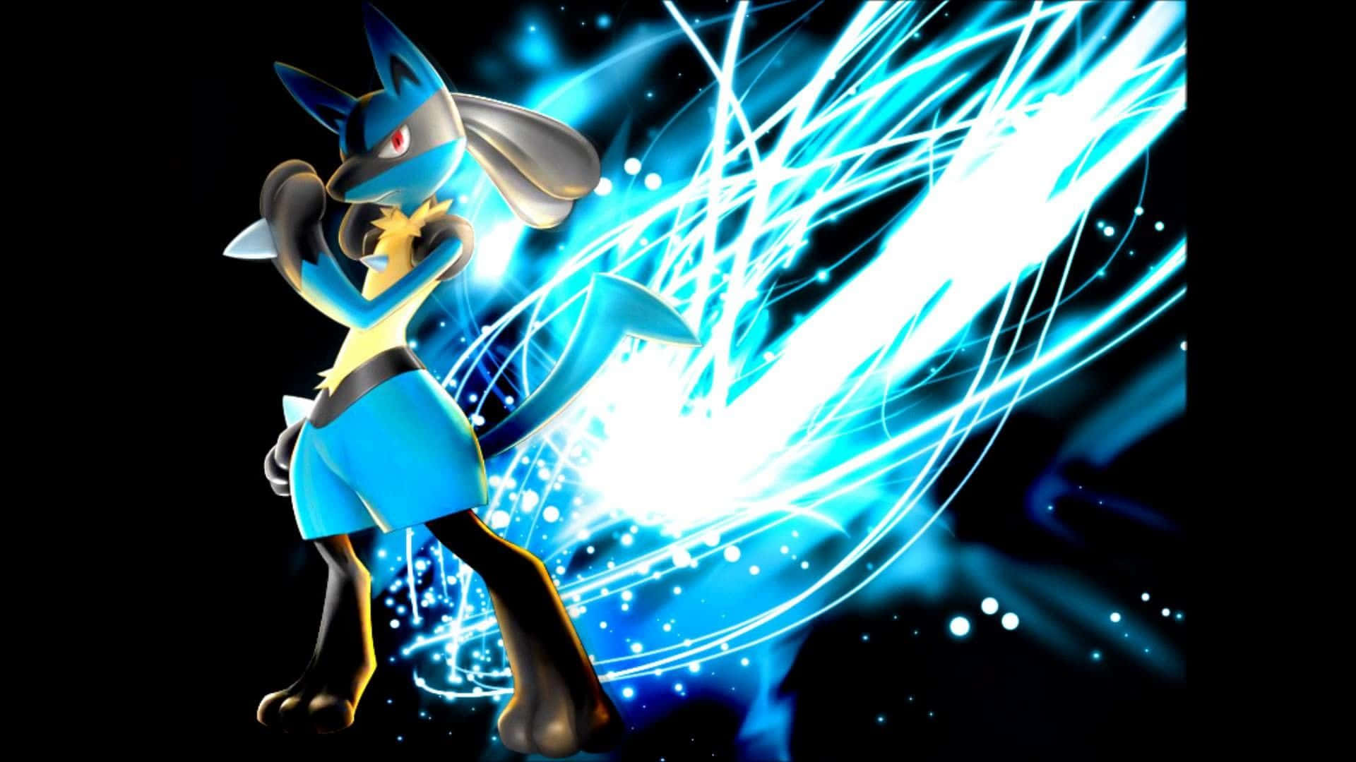 Pokemon Lucario 桌布 壁紙 — 一隻藍色和黑色的路卡利歐在黑色背景上動態站立，周圍環繞著發光的藍色能量條紋和閃爍的粒子。