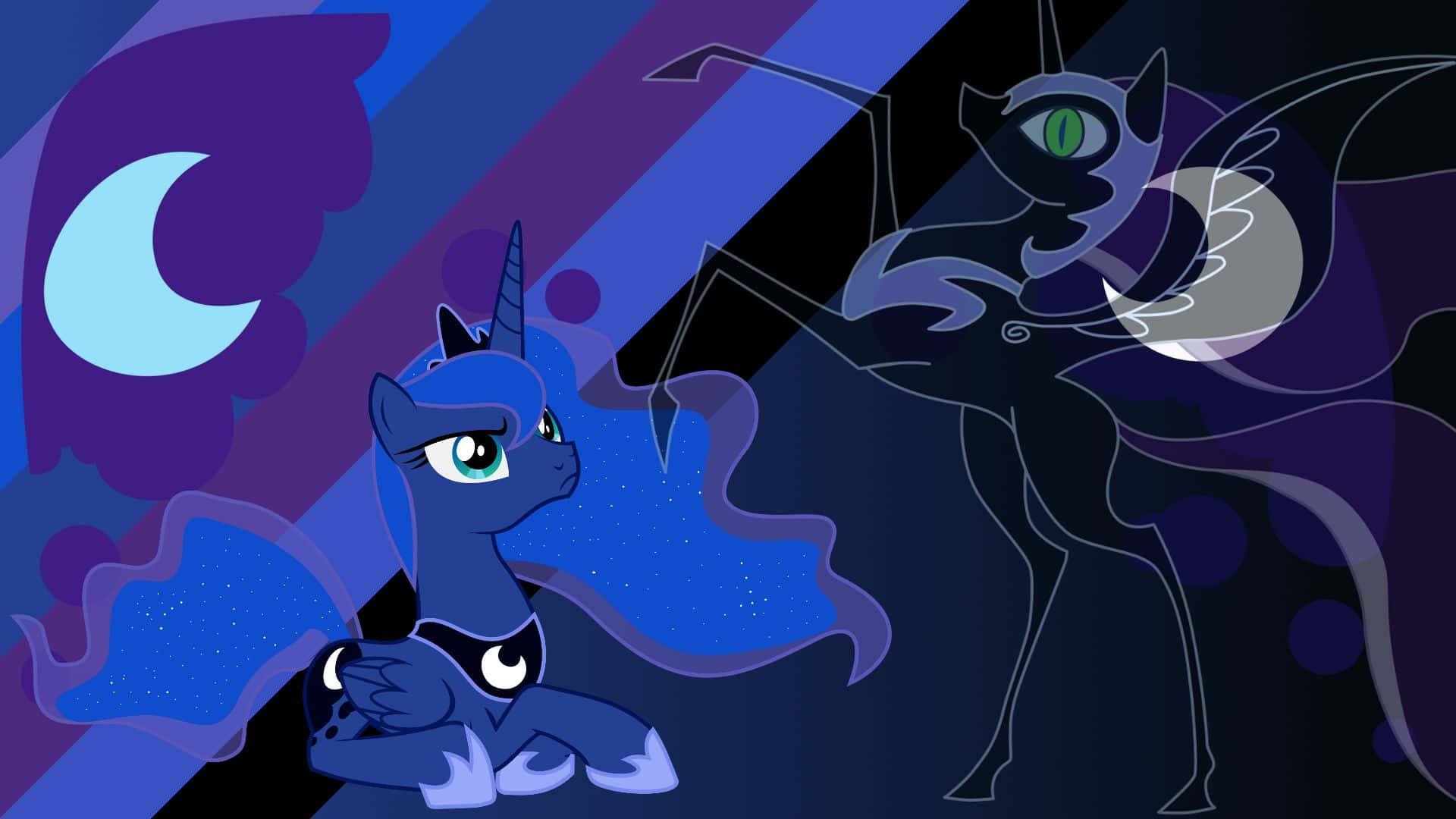 Nightmare Moon 桌布 壁紙 — 一隻藍色小馬，帶有新月和星星，凝視著紫藍色夜空中的陰影蝙蝠狀身影。