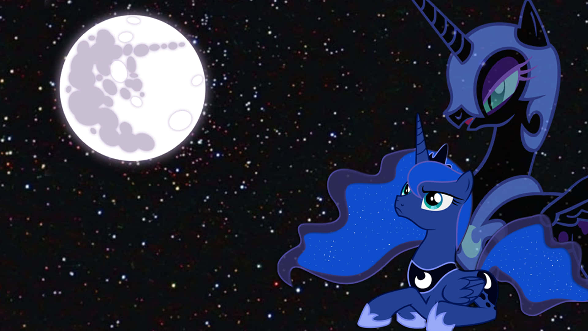 Nightmare Moon 桌布 壁紙 — 一隻藍色小馬長有星形翅膀，在星空下仰望新月。