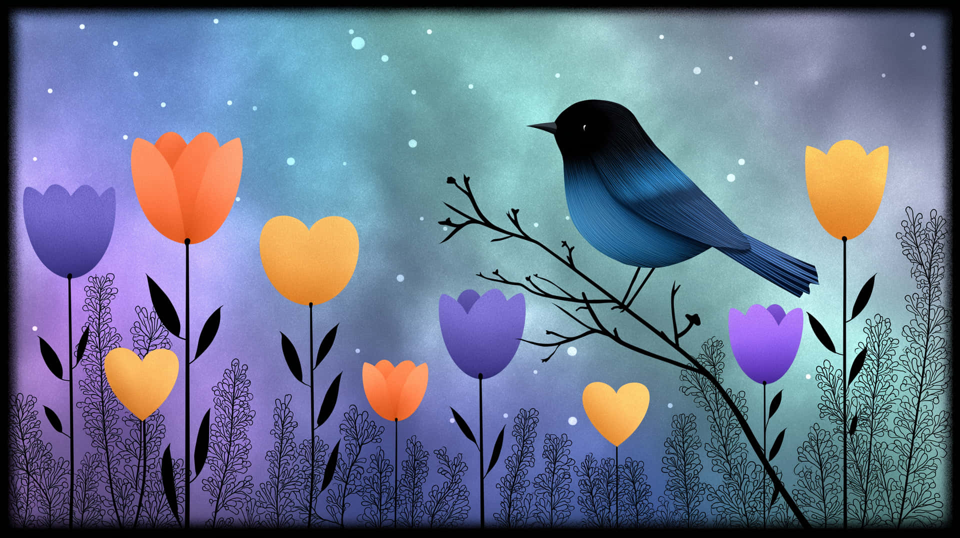 Night Serenade: Bird Perched Among Glowing Garden Blooms 壁紙 — 一隻藍色小鳥棲息在樹枝上，周圍是發光的橙色和紫色鬱金香以及心形花朵，背景是星光璀璨的暮色天空。