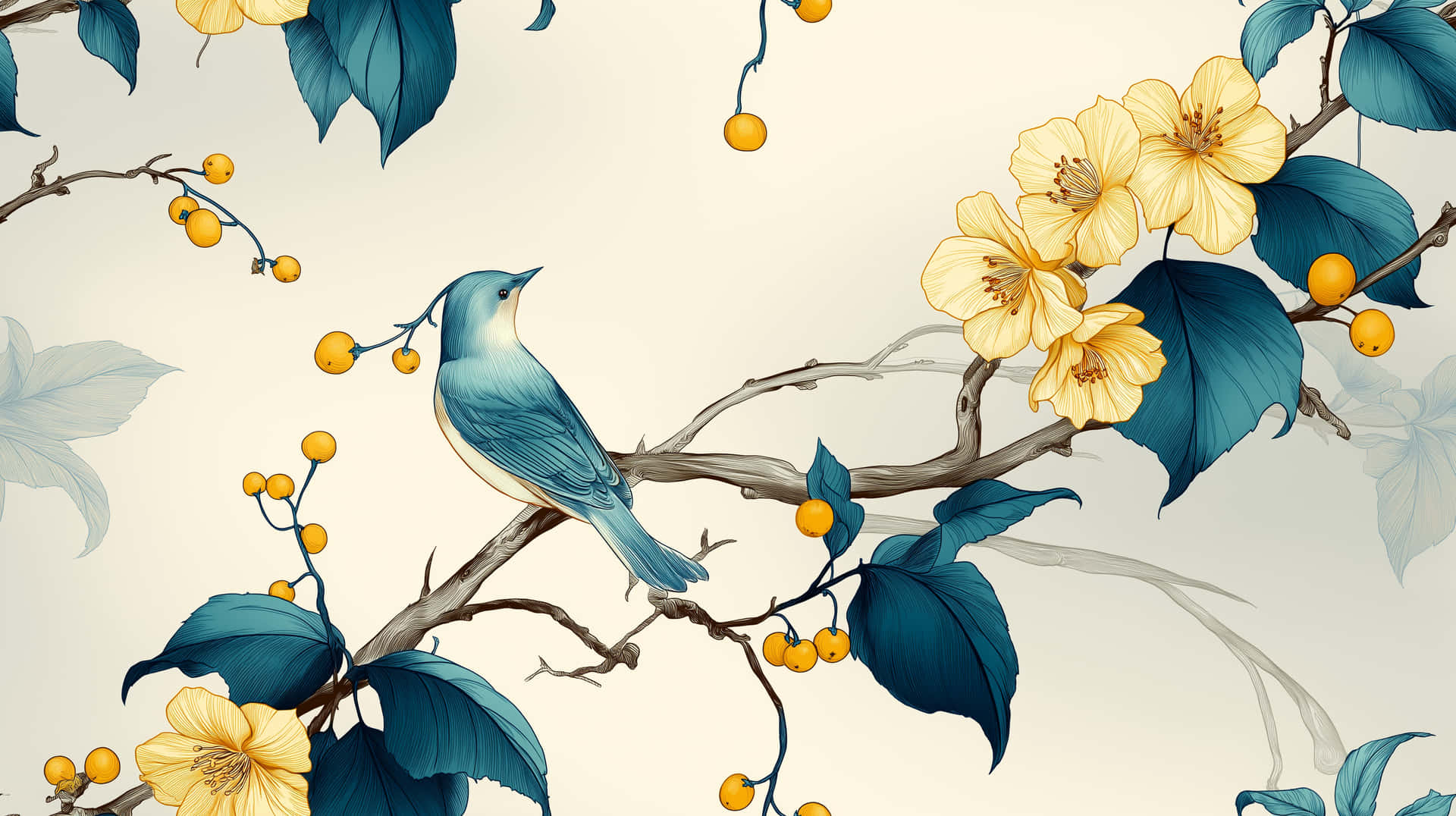 Harmonious Botanical Pattern with Avian Figure and Blossoms 壁紙 — 一隻藍色小鳥棲息在樹枝上，樹枝上點綴著黃色花朵、深藍色葉子和橙色小漿果，背景是柔和的奶油色。