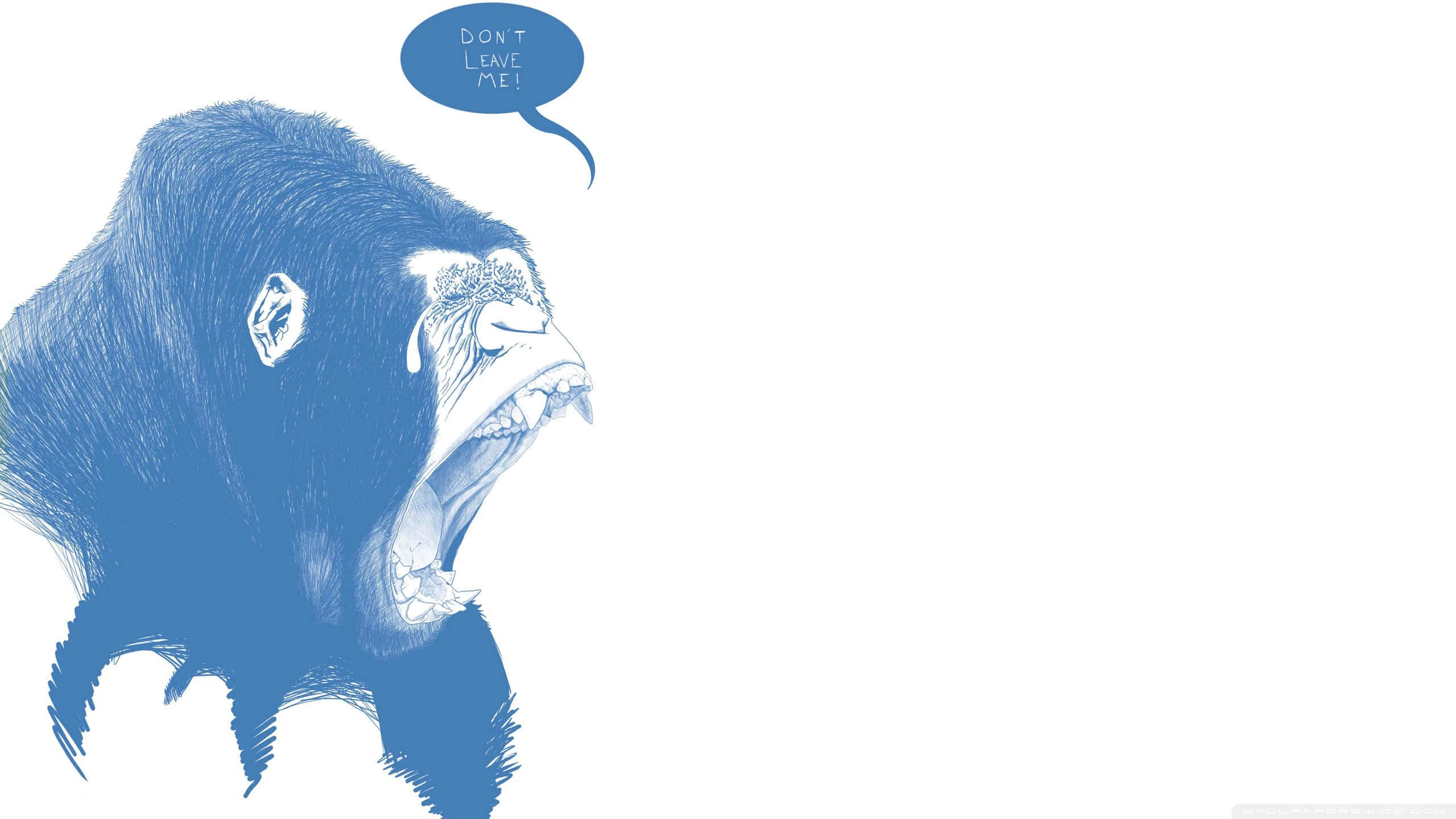 Cute Gorilla 桌布 壁紙 — 一隻藍色插圖大猩猩，流著眼淚，對話框寫著「不要離開我！」背景是純白色。