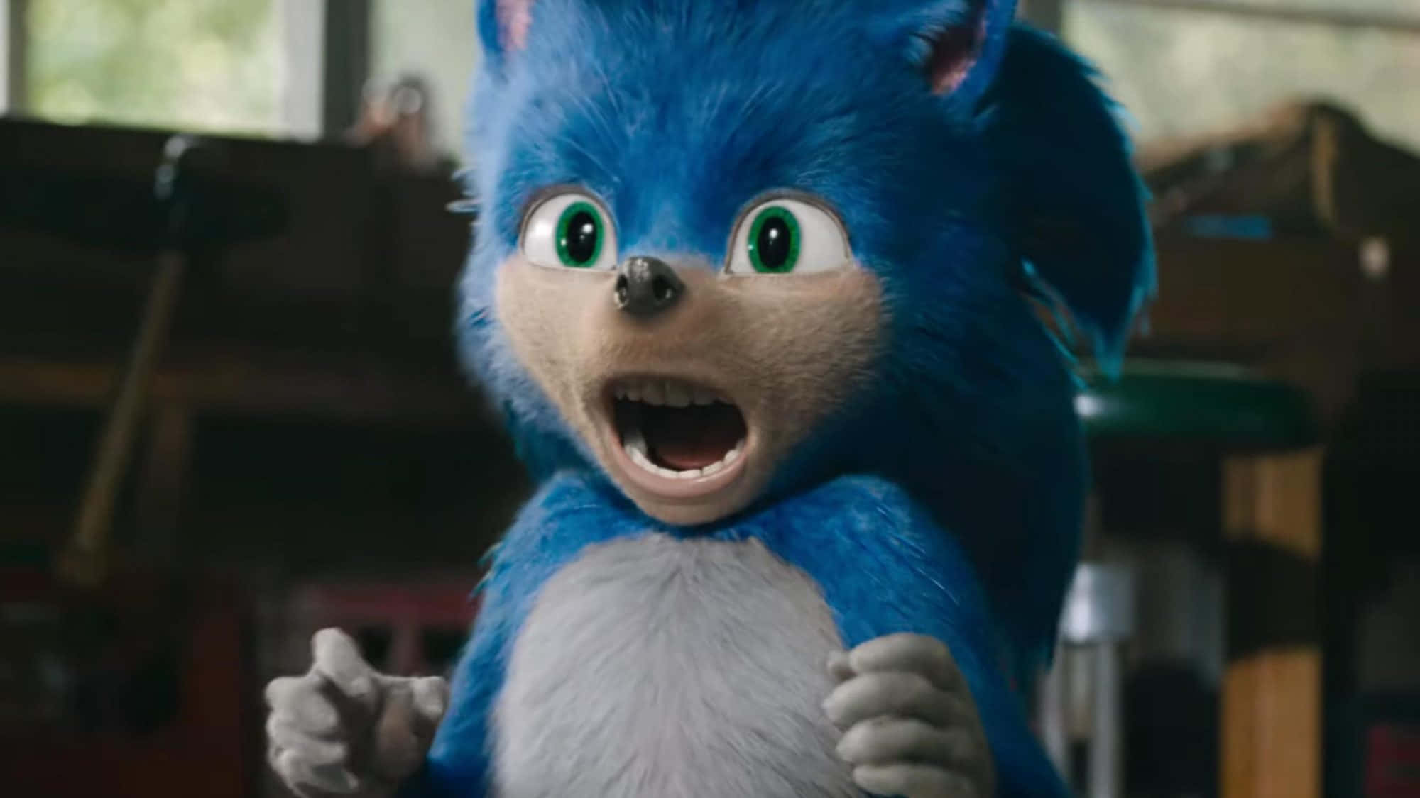 Sonic The Hedgehog 桌布 壁紙 — 一隻藍色擬人化刺蝟，有綠色眼睛和白色肚子，在雜亂的工作坊中張開嘴巴，表情驚訝。