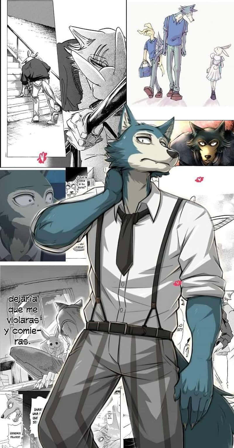 桌布 壁紙 — 一隻藍色擬人化的狼，穿著白色襯衫和吊帶褲，自信地站在漫畫風格的分鏡拼貼中。