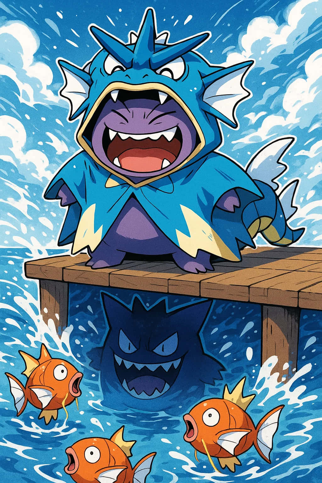 Gengar HD Wallpaper WEBP 4K Background Download 壁紙 — 一隻藍色有刺的寶可夢從木碼頭咆哮，橙色魚群在下方逃竄，水下潛伏著暗影。