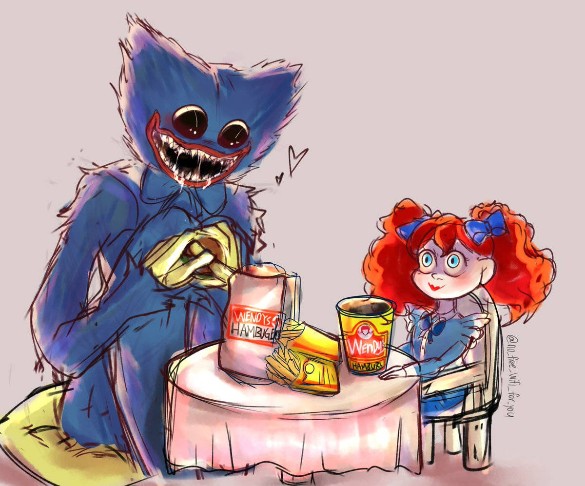 Huggy 桌布 壁紙 — 一隻藍色毛茸茸的怪物露出尖牙，對著一個紅色雙馬尾的女孩微笑，他們在一張小桌子上分享Wendy's的食物。