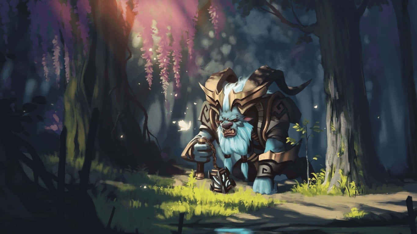 1366x768 Dota 2 桌布 壁紙 — 一隻藍色毛髮、裝甲野獸，雙眼發光，蹲伏在沐浴於紫色和粉紅色光芒的神秘森林中。