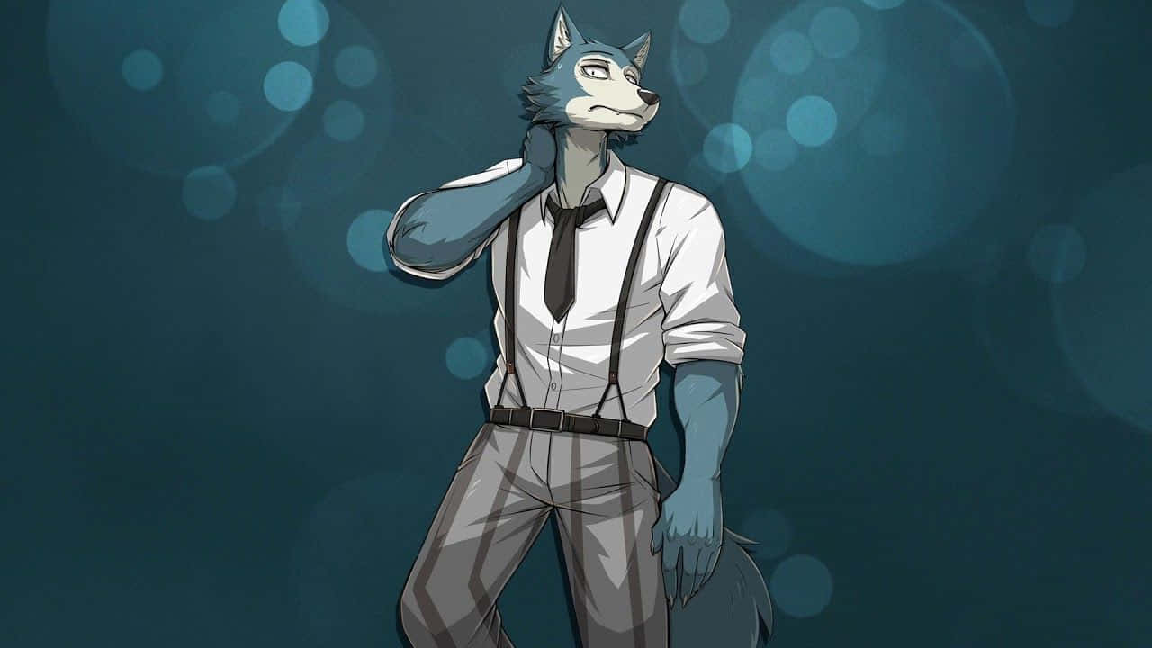 獸星 桌布 壁紙 — 一隻藍色毛髮的擬人化狼，身穿白色襯衫和吊帶褲，在藍綠色散景背景前自信地擺姿勢。
