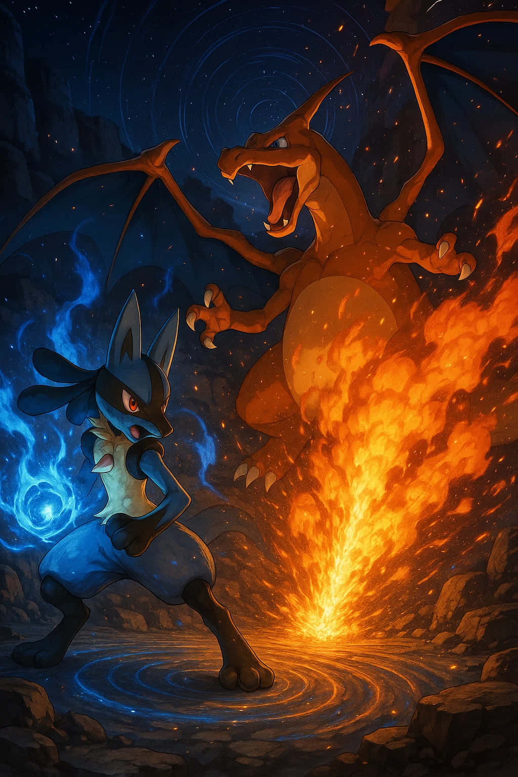 Charizard Pokemon HD Wallpaper WEBP 4K Background Download 壁紙 — 一隻藍色狐狸般的寶可夢和一隻火龍在星空下的岩石洞穴中對峙。