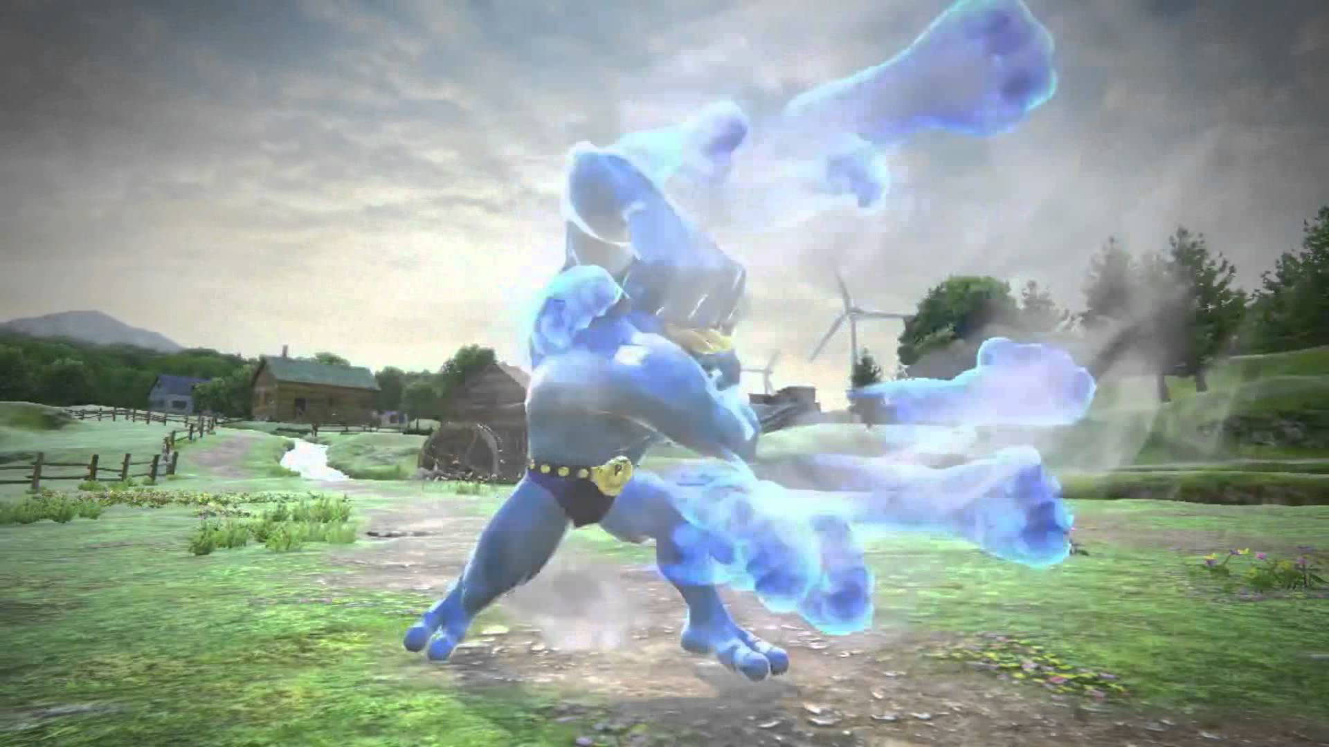 Machamp 桌布 壁紙 — 一隻藍色發光、擁有冰凍四肢的生物，在一個有風車和房屋的霧氣鄉村田野中擺出強力姿勢。