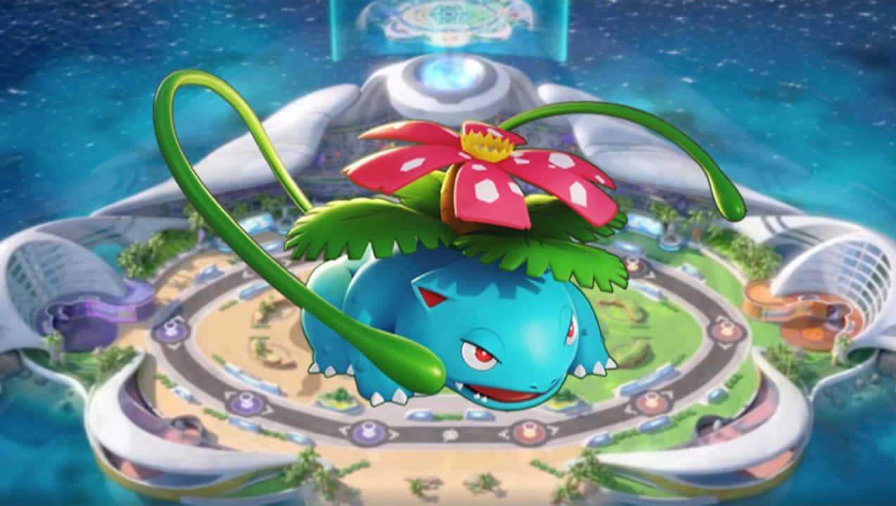 動漫 桌布 壁紙 — 一隻藍色的 Bulbasaur 帶著一朵粉紅色的花，在星空下的未來城市景觀上方漂浮。
