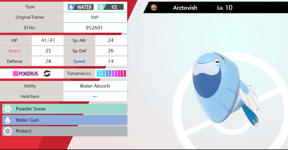寶可夢 桌布 壁紙 — 一隻藍色的Arctovish Pokémon漂浮在其詳細的數據畫面旁邊，以Pokédex風格介面顯示。