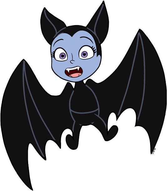 Vampirina 桌布 壁紙 — 一隻藍色皮膚、大眼睛的卡通蝙蝠在黑色背景上開心地微笑。