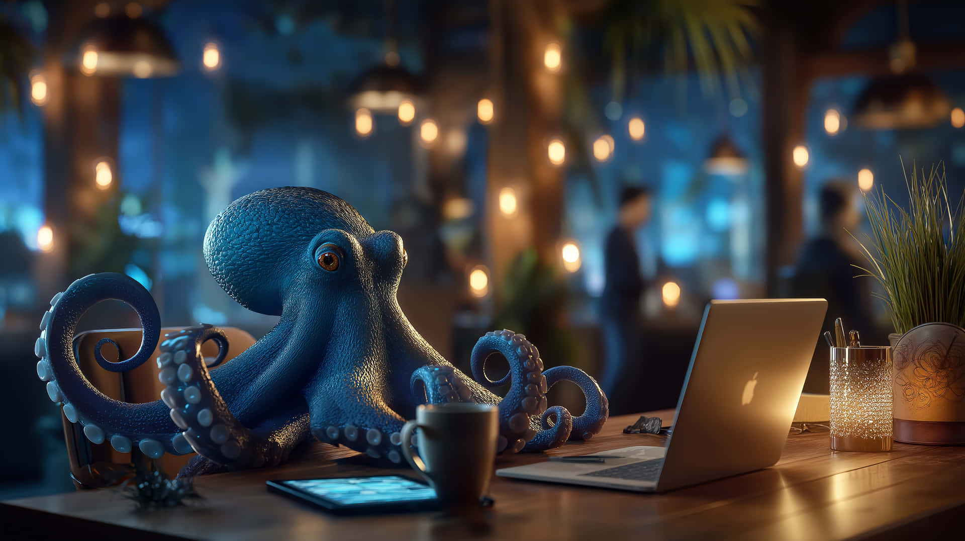 Curious Cephalopod Character at a Luminous Office Desk 壁紙 — 一隻藍色章魚坐在木桌上，在舒適的咖啡館裡，在溫暖的串燈下使用筆記型電腦。