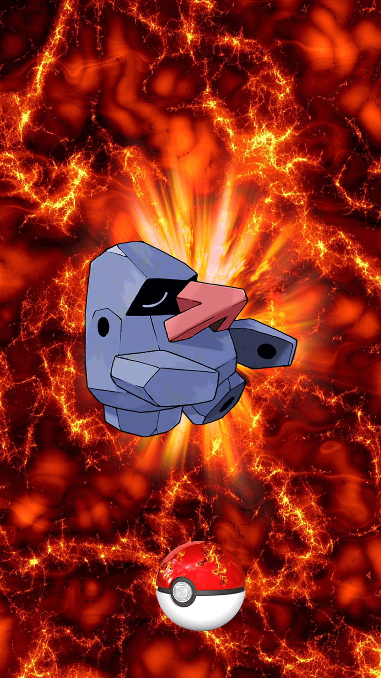 Pokeball 桌布 壁紙 — 一隻藍色紅嘴的寶可夢從熾熱的爆炸中出現，背景像熔岩，下方有一個精靈球。