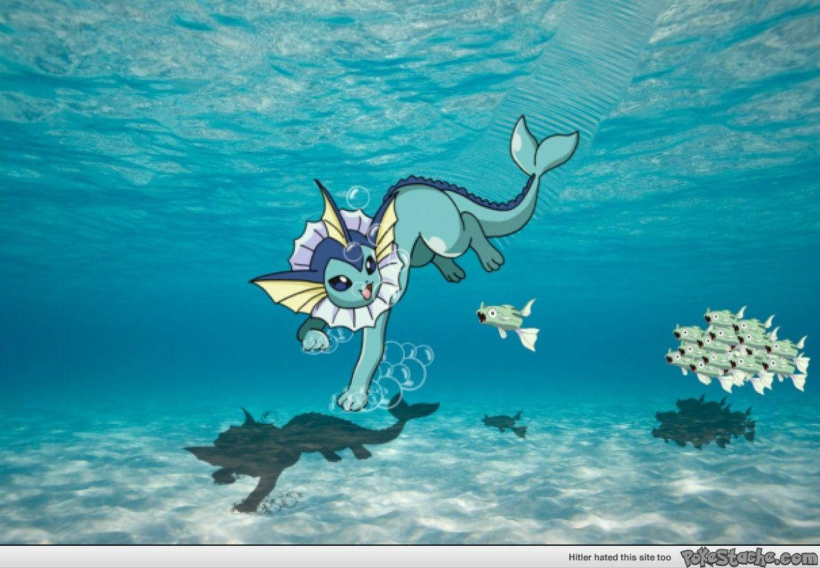 藍色美人魚寶可夢在水中與魚和鯊魚影子一起游泳。 — 伊布 GIF 壁紙
