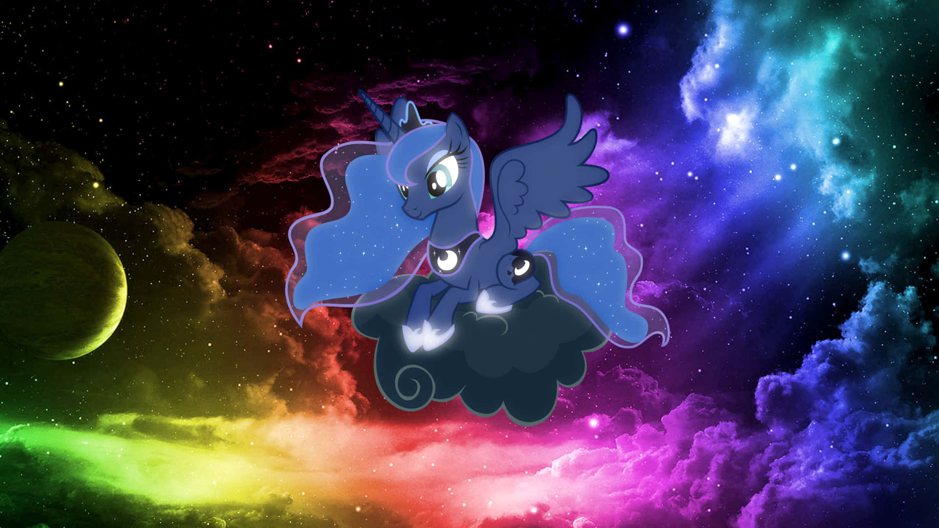 Mlp Phone 桌布 壁紙 — 一隻藍色翅膀的獨角獸騎著雲朵穿過充滿星星和彩色氣體雲的充滿活力的宇宙星雲。