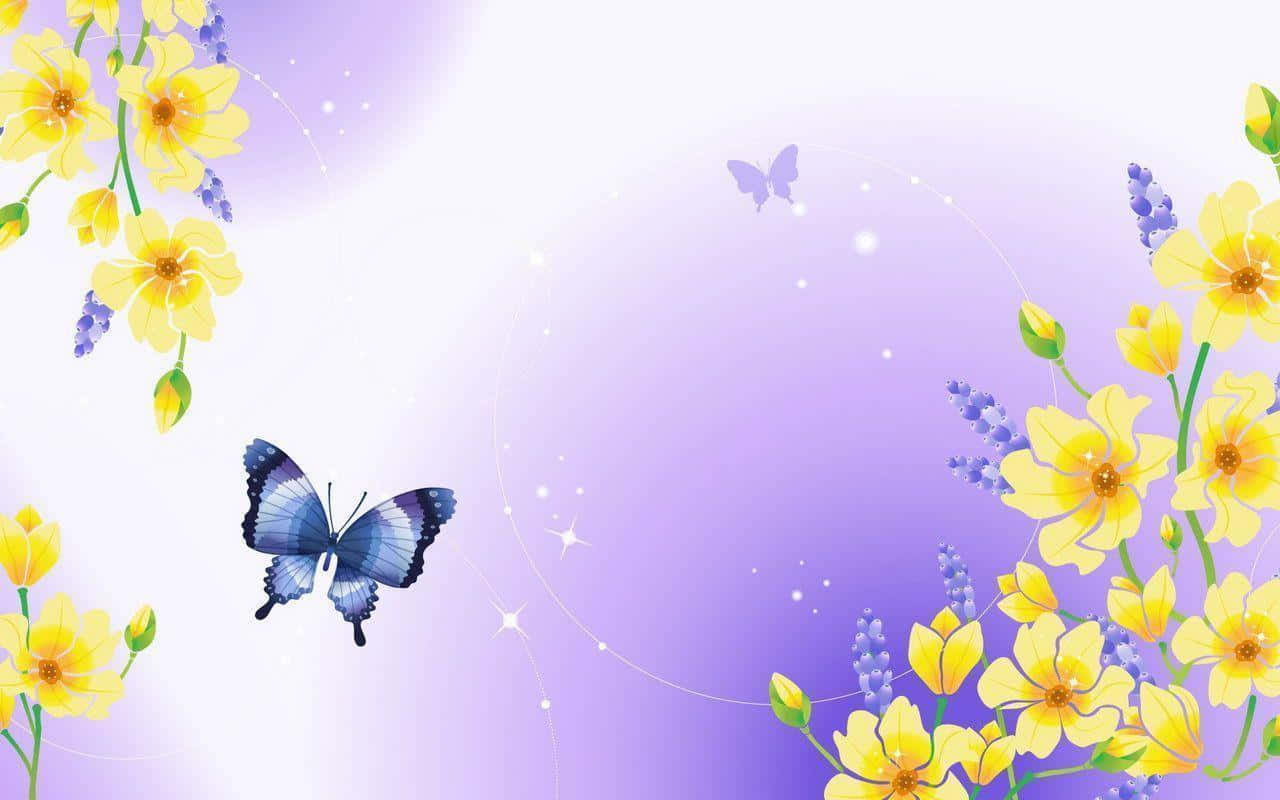 Butterfly Desktop 桌布 壁紙 — 一隻藍色蝴蝶在黃色花朵和薰衣草間翩翩飛舞，背景是柔和的紫色漸變天空，點綴著閃爍的星星。