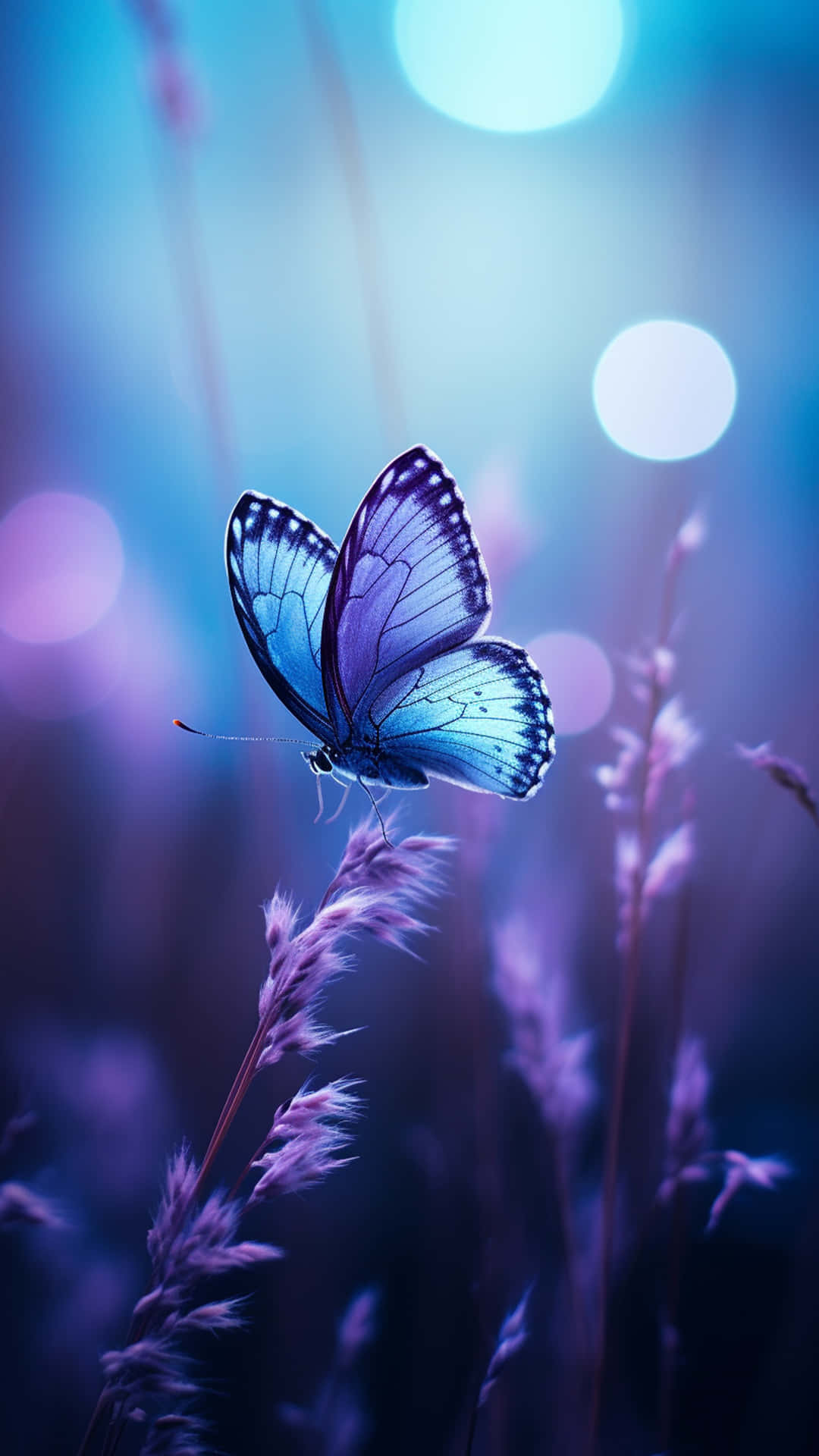 butterfly and beautiful background 壁紙 — 一隻藍色蝴蝶帶有複雜的翅膀圖案，優雅地棲息在紫色草叢上，背景是夢幻般的散景光點。