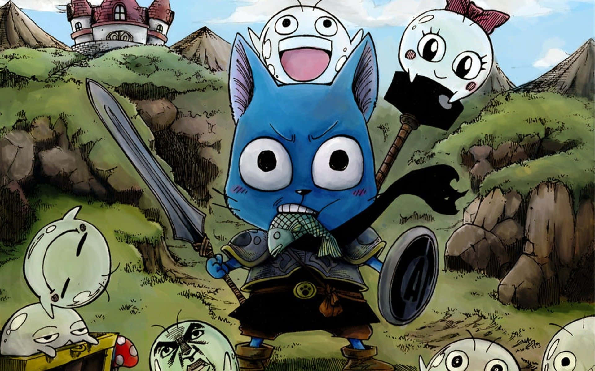 Fairy Tail Happy 桌布 壁紙 — 一隻藍色貓戰士手持劍和盾牌，在長滿草的山谷中挑釁地站立，周圍漂浮著幽靈般的面孔。
