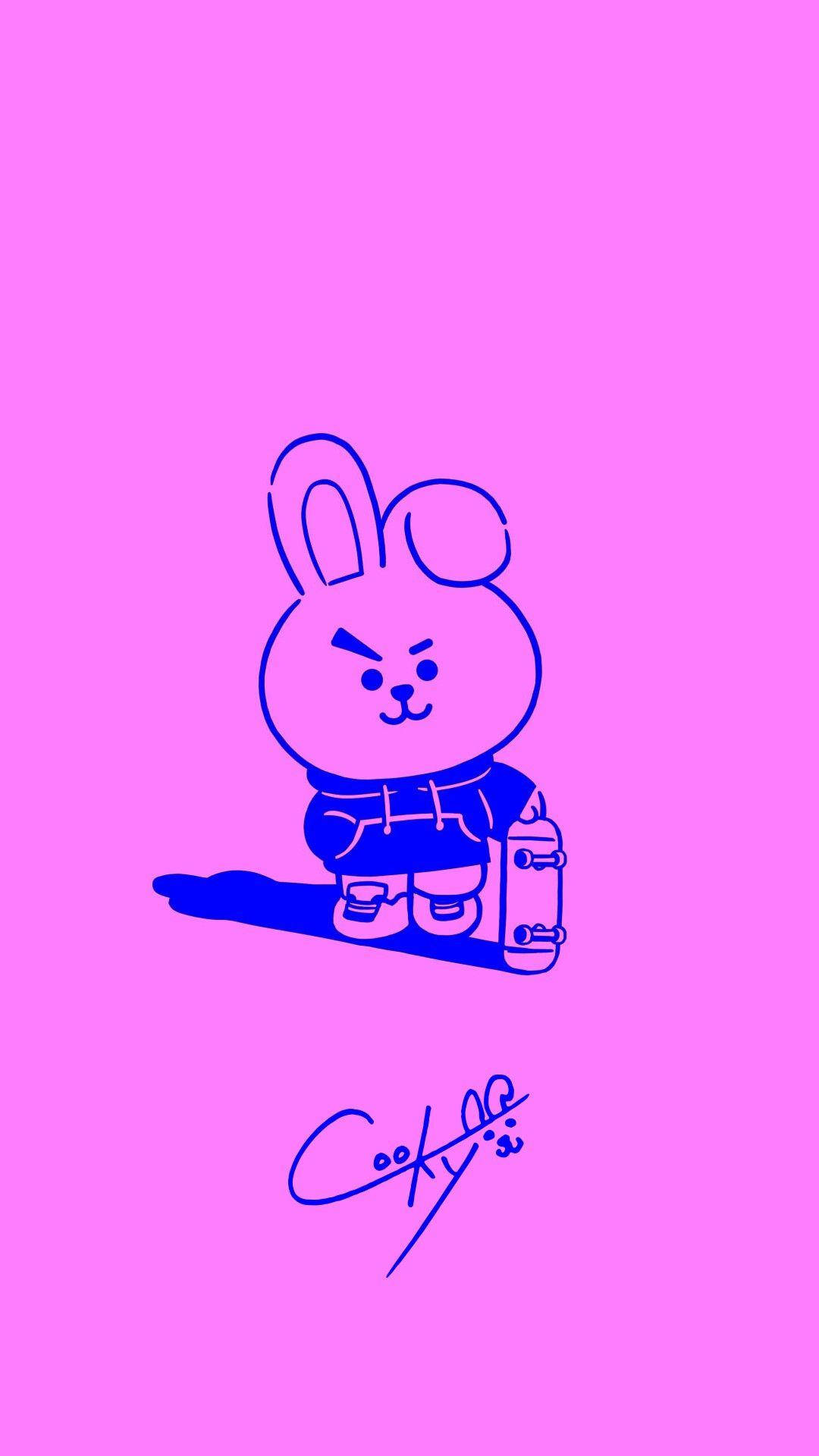 Cooky Bt21 桌布 壁紙 — 一隻藍色輪廓的卡通兔子帶著憤怒的表情，拿著一塊滑板，背景是純粉紅色。