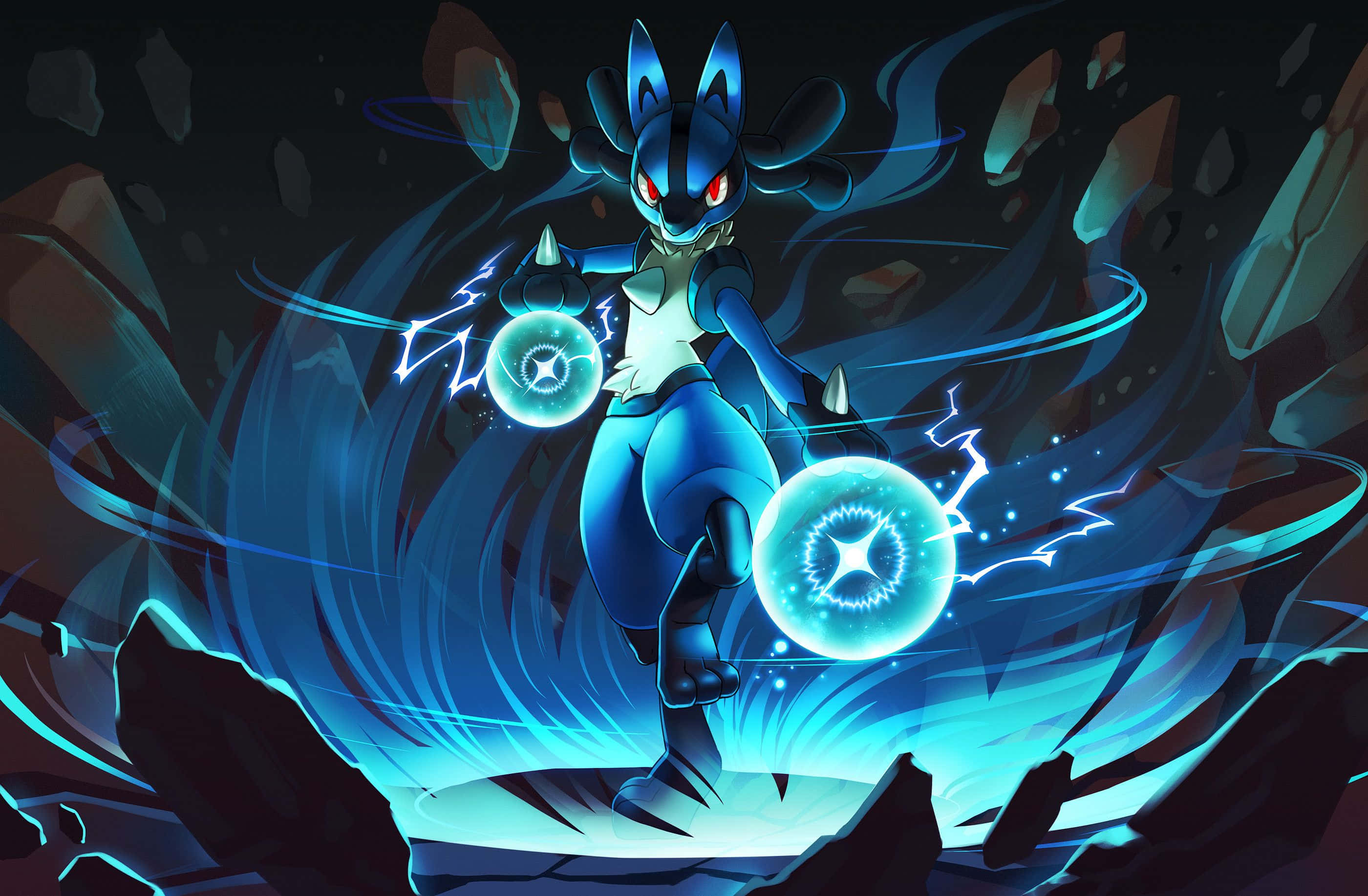 Blue Anime 桌布 壁紙 — 一隻藍色電屬性寶可夢在浮石間動態站立，在黑暗旋轉的環境中揮舞著發光的閃電球。