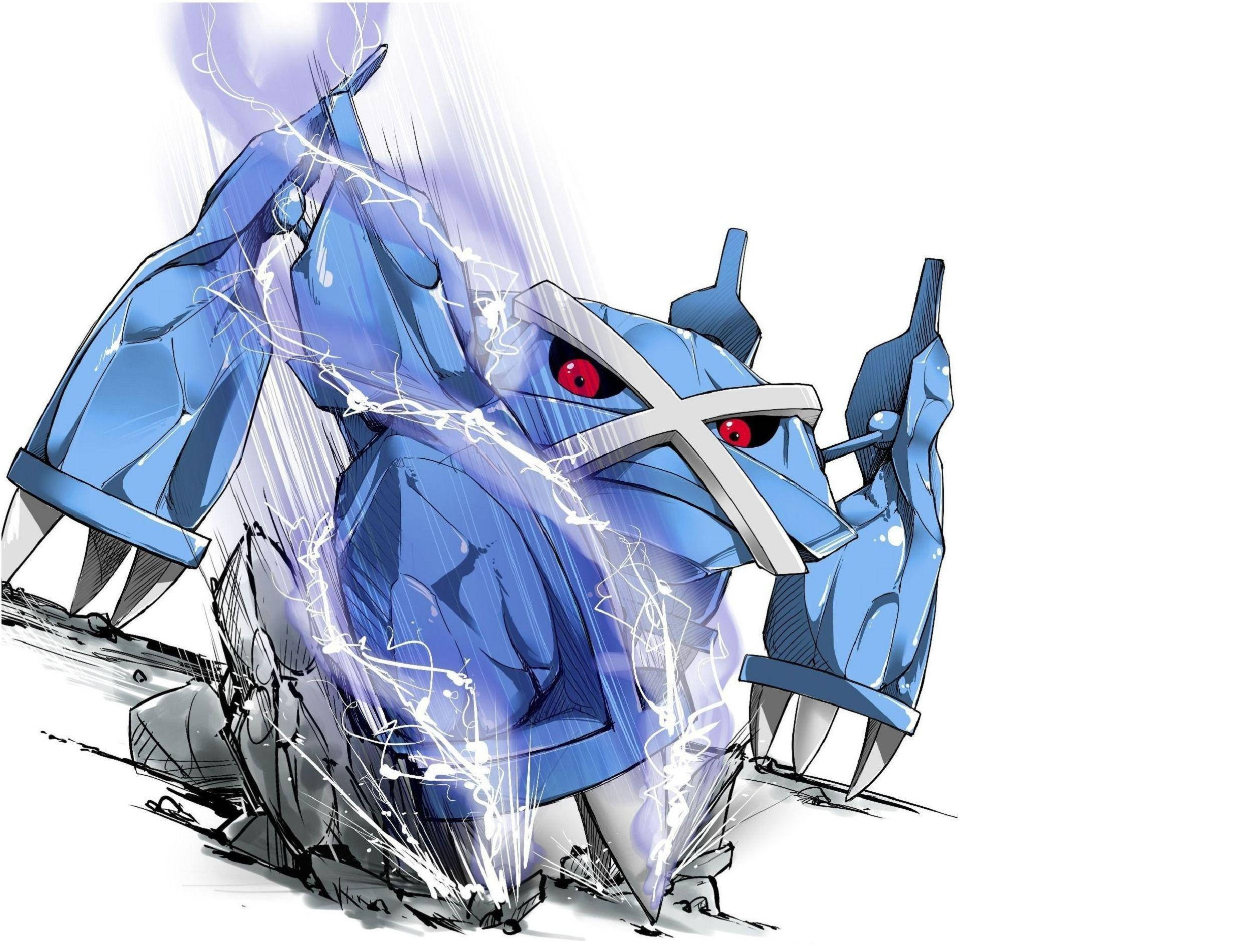 Metagross 桌布 壁紙 — 一隻藍色電系寶可夢，紅色眼睛，在純白背景中從身體釋放閃電。