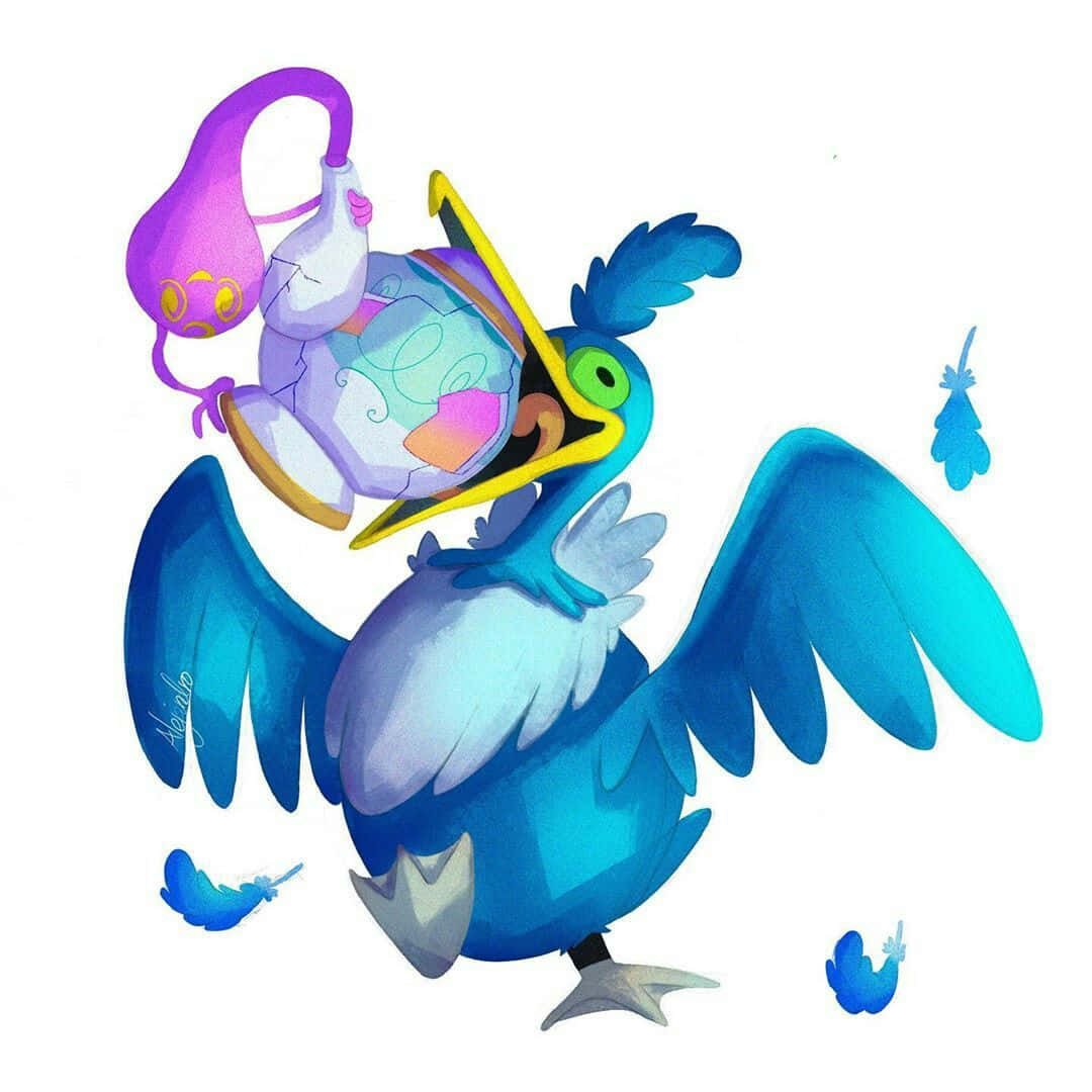寶可夢 桌布 壁紙 — 一隻藍色鳥類生物，擁有寬闊的喙，拿著一個紫色茶壺形狀的寶可夢，漂浮著並散落羽毛。